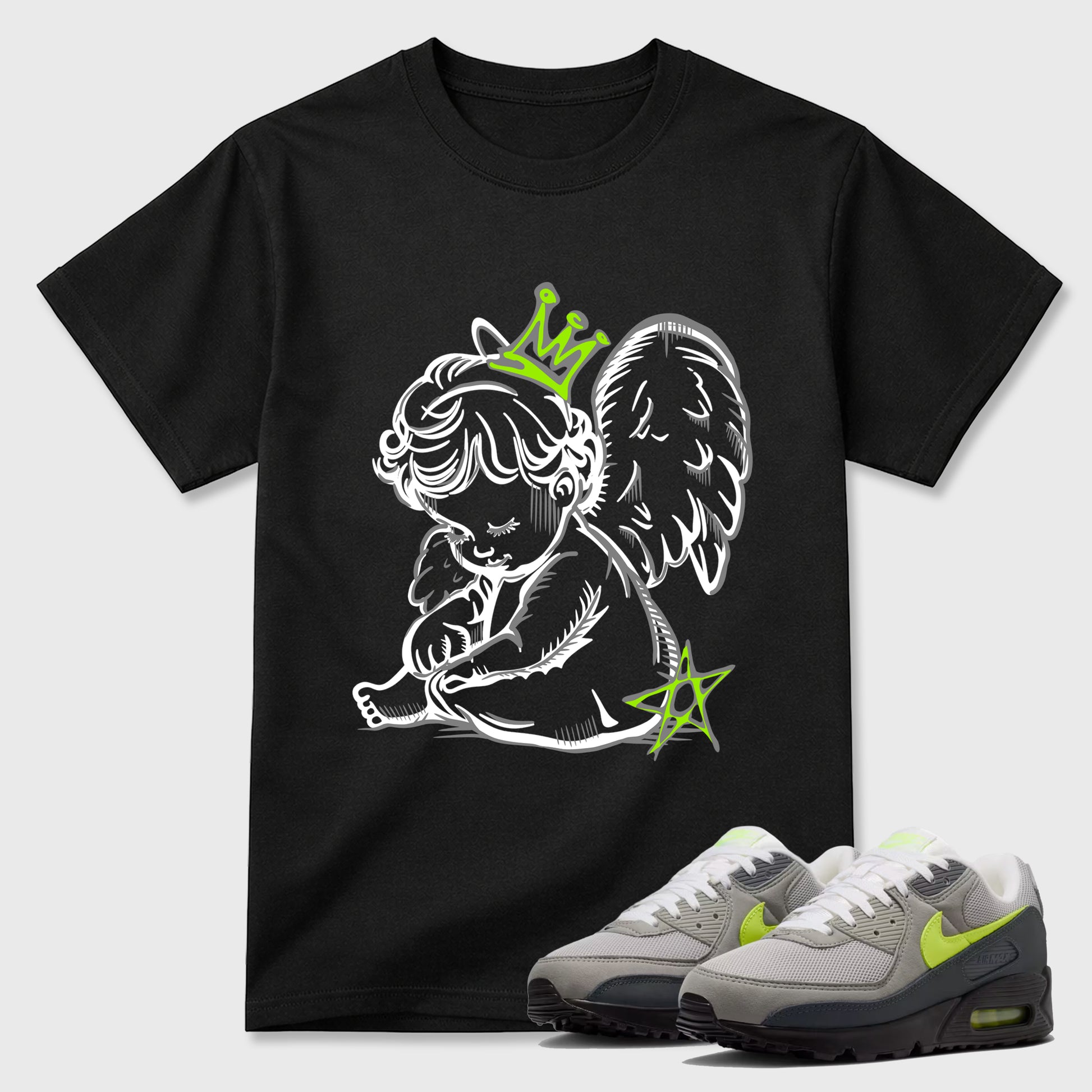 Sneakerfit graphic tee destination – Sneaker Tees To Match Air Max 90 Neon Yellow Sneakers – Neon Angel Tee Black 1