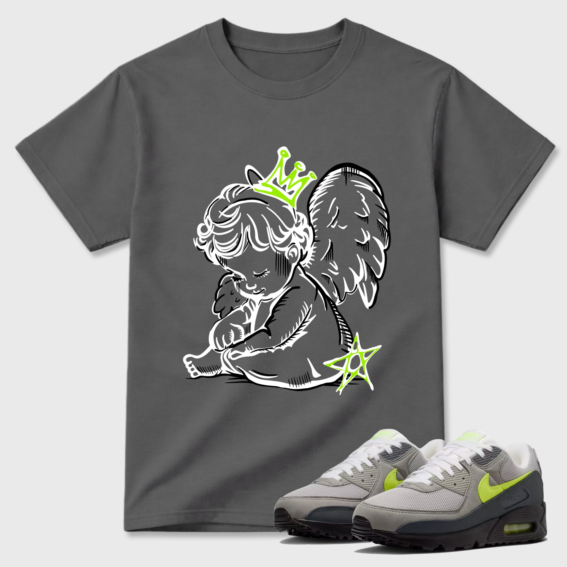 Sneakerfit graphic tee destination – Sneaker Tees To Match Air Max 90 Neon Yellow Sneakers – Neon Angel Tee Cool Grey 1