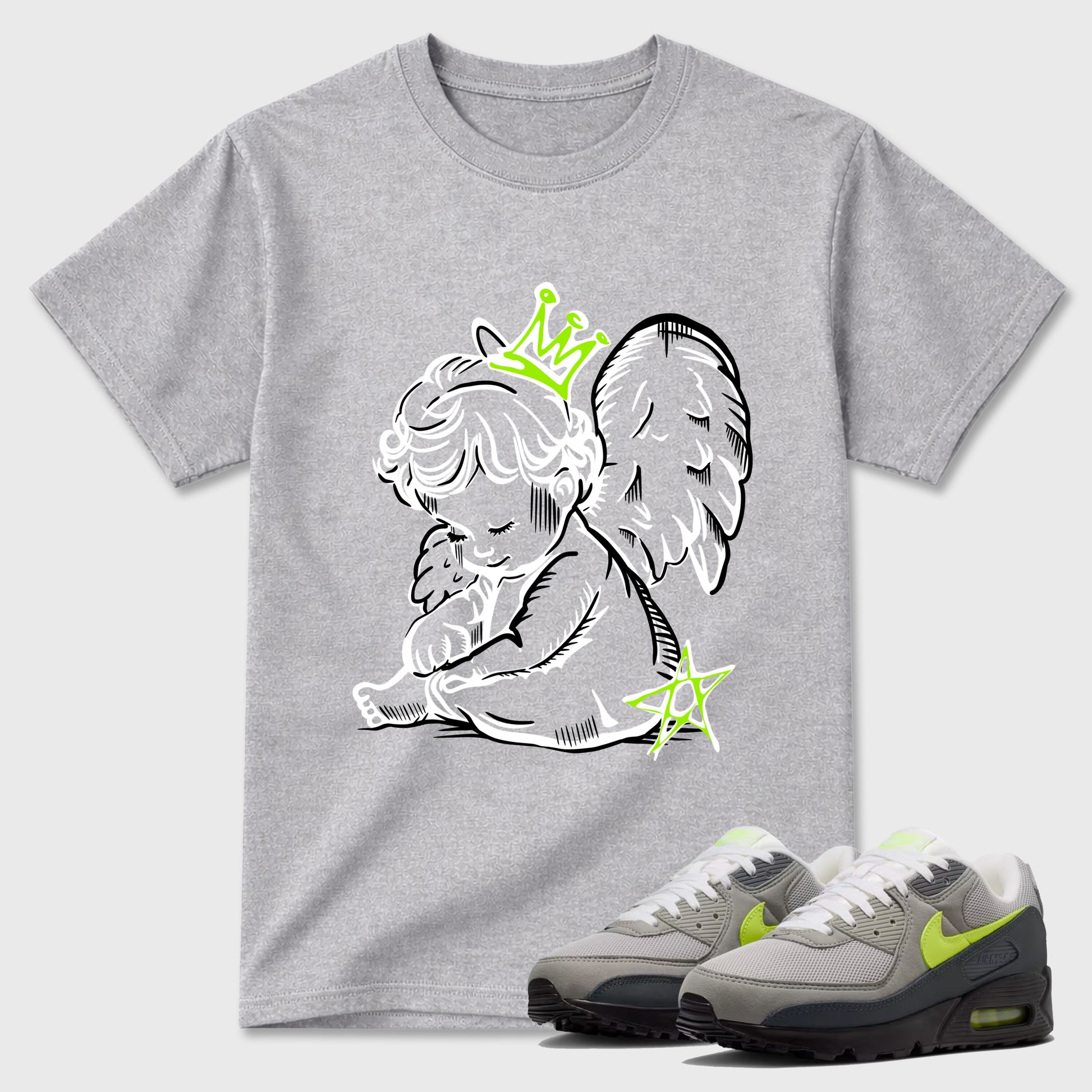 Sneakerfit graphic tee destination – Sneaker Tees To Match Air Max 90 Neon Yellow Sneakers – Neon Angel Tee Heather Grey 1