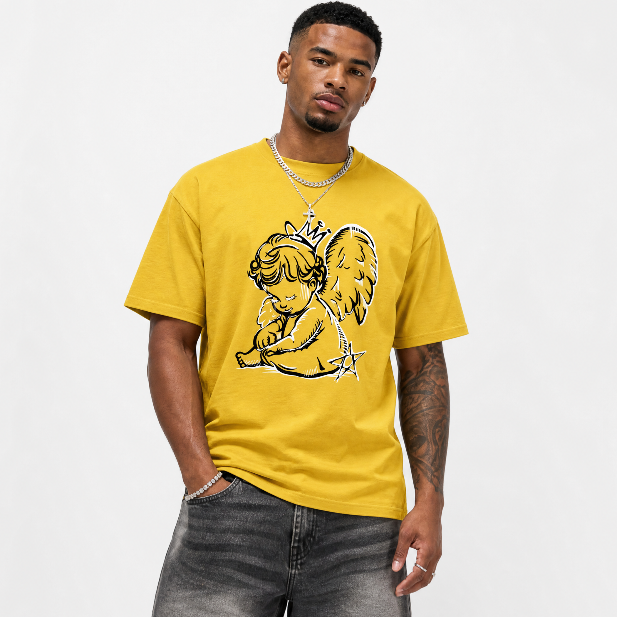 Neon Angel matching Tour Yellow graphic tee model shoot
