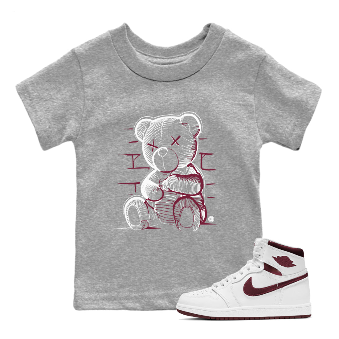 Air Jordan 1 High OG Metallic Burgundy shirts to match jordans Neon Bear sneaker match tees Air Jordan 1 Metallic Burgundy SNRT Sneaker Tees streetwear brand Baby and Youth Heather Grey 1 cotton tee