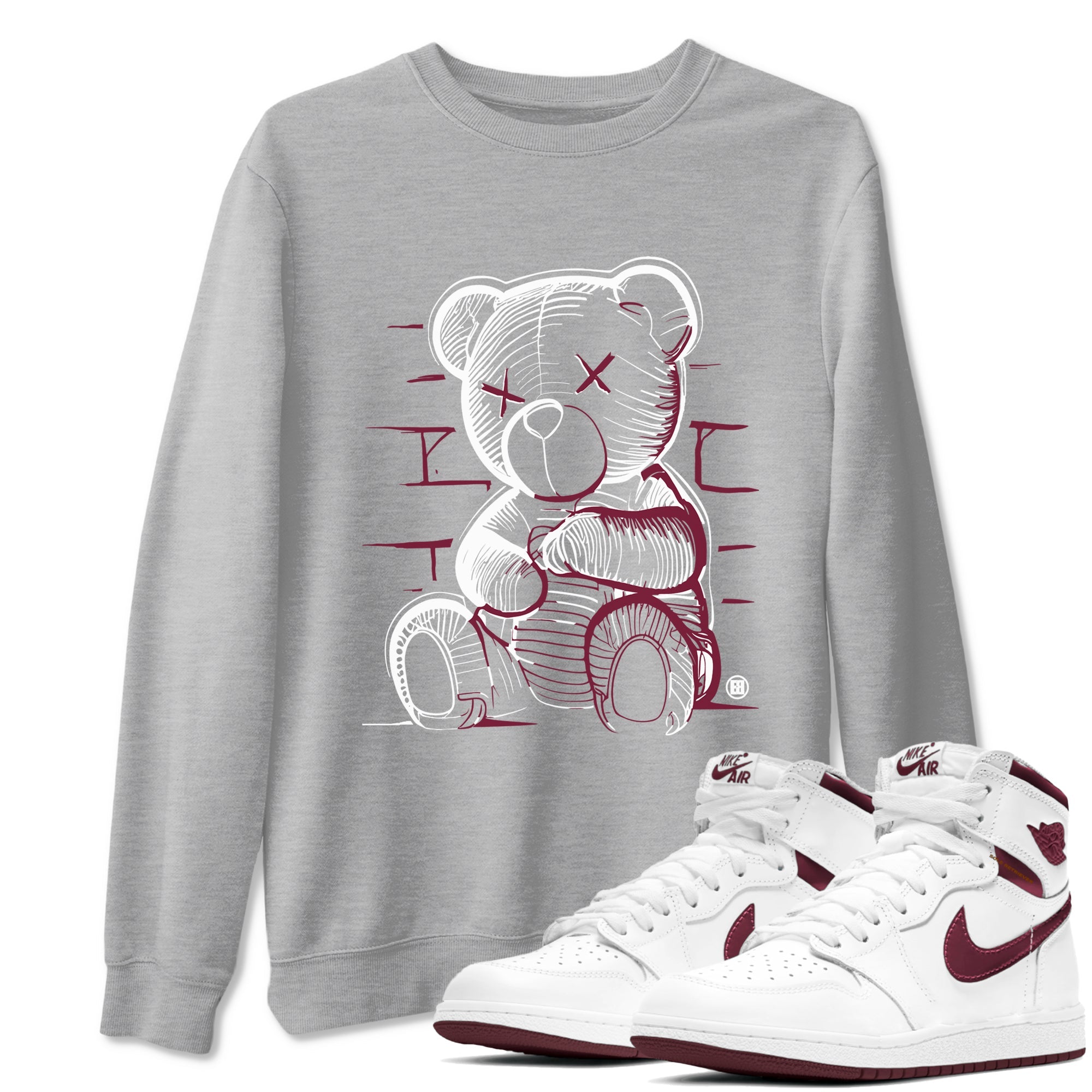 Air Jordan 1 High OG Metallic Burgundy shirts to match jordans Neon Bear sneaker match tees Air Jordan 1 Metallic Burgundy SNRT Sneaker Tees streetwear brand Heather Grey 1 unisex cotton tee