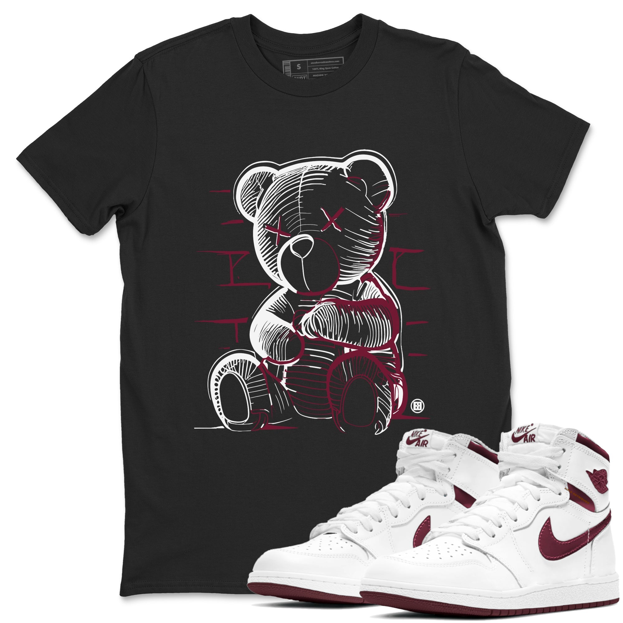 Air Jordan 1 High OG Metallic Burgundy shirts to match jordans Neon Bear sneaker match tees Air Jordan 1 Metallic Burgundy SNRT Sneaker Tees streetwear brand Black 1 unisex cotton tee