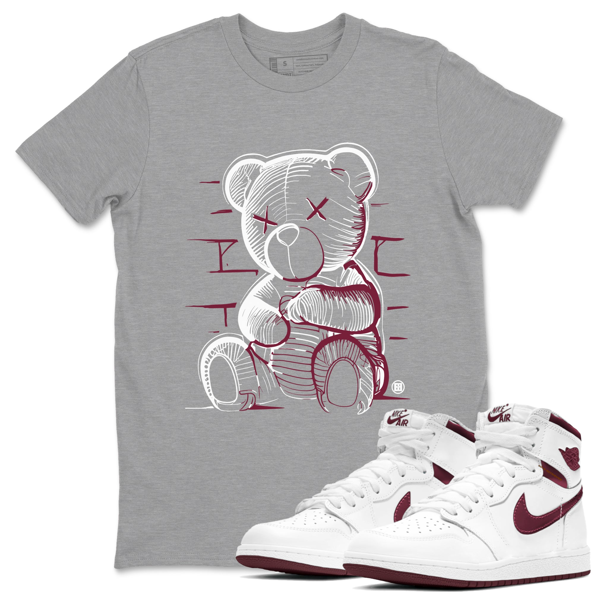 Air Jordan 1 High OG Metallic Burgundy shirts to match jordans Neon Bear sneaker match tees Air Jordan 1 Metallic Burgundy SNRT Sneaker Tees streetwear brand Heather Grey 1 unisex cotton tee