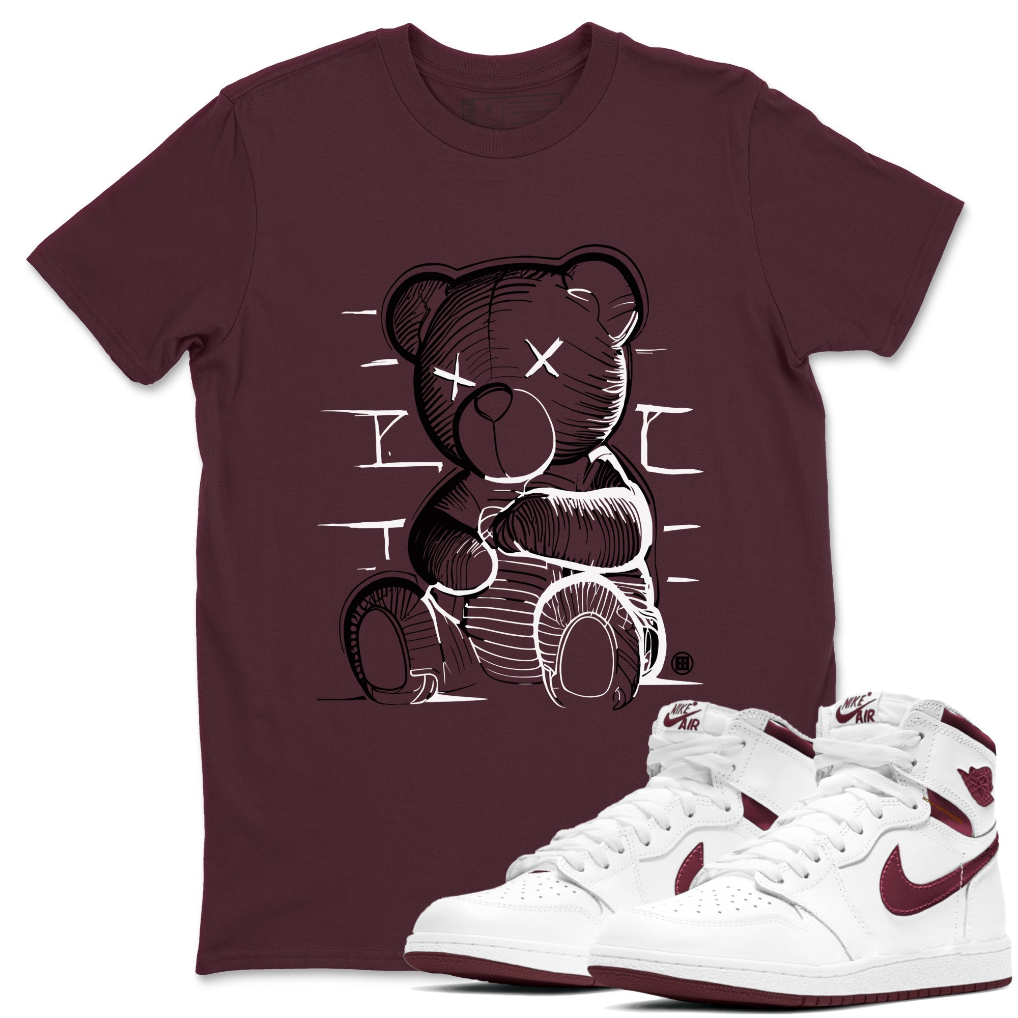 Air Jordan 1 High OG Metallic Burgundy shirts to match jordans Neon Bear sneaker match tees Air Jordan 1 Metallic Burgundy SNRT Sneaker Tees streetwear brand Maroon 1 unisex cotton tee
