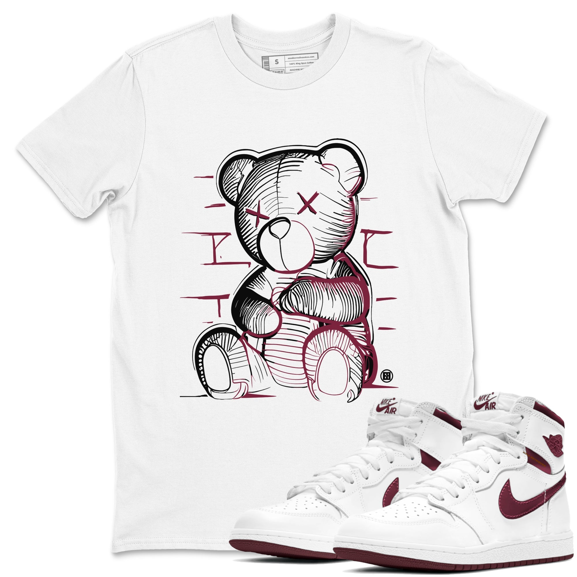 Air Jordan 1 High OG Metallic Burgundy shirts to match jordans Neon Bear sneaker match tees Air Jordan 1 Metallic Burgundy SNRT Sneaker Tees streetwear brand White 1 unisex cotton tee