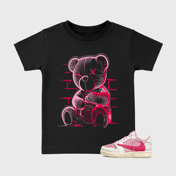Neon Bear affordable baby and kids t-shirt designed to match the Jordan 1 Low x Travis Scott Tropical Pink, featuring coordinated Black 1 options for the perfect little sneakerhead streetwear look.