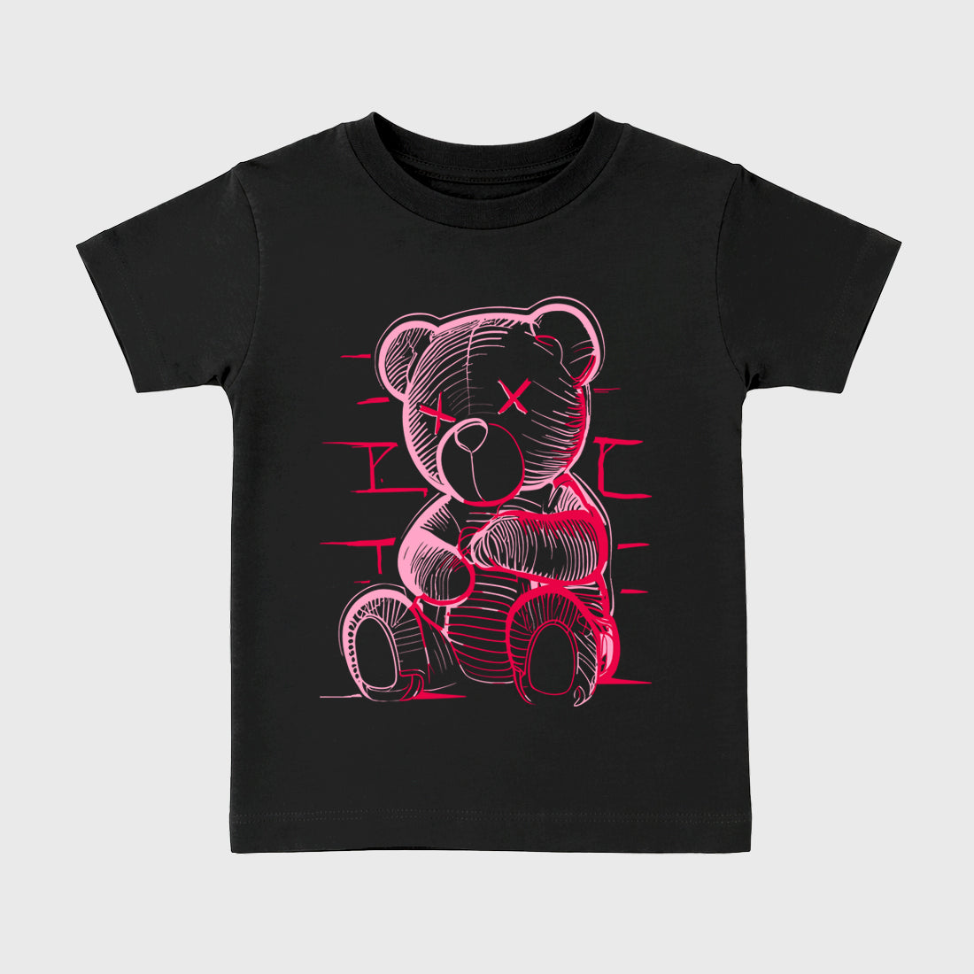 Neon Bear affordable baby and kids t-shirt designed to match the Jordan 1 Low x Travis Scott Tropical Pink, featuring coordinated Black 2 options for the perfect little sneakerhead streetwear look.
