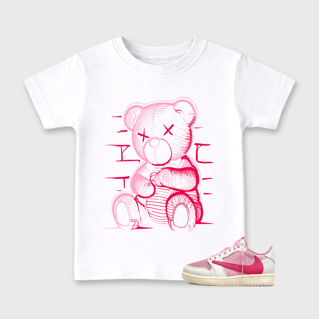 Neon Bear affordable baby and kids t-shirt designed to match the Jordan 1 Low x Travis Scott Tropical Pink, featuring coordinated White 1 options for the perfect little sneakerhead streetwear look.
