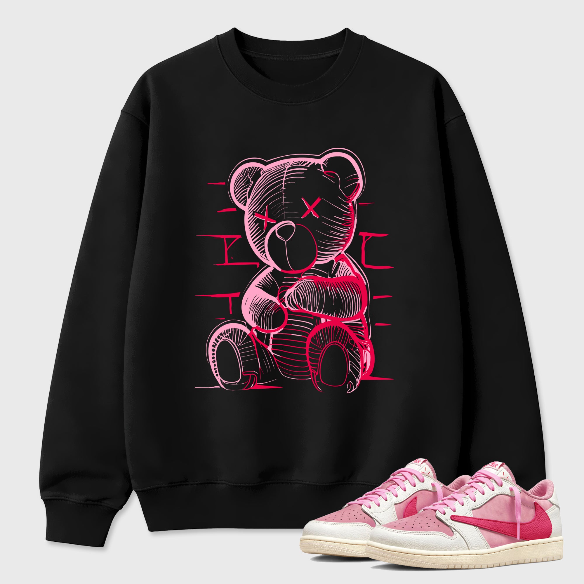 Neon Bear Graphic T-Shirt sneaker match tee designed for the Jordan 1 Low x Travis Scott Tropical Pink, featuring coordinated color options for a perfect streetwear match. Black 1 shirt.