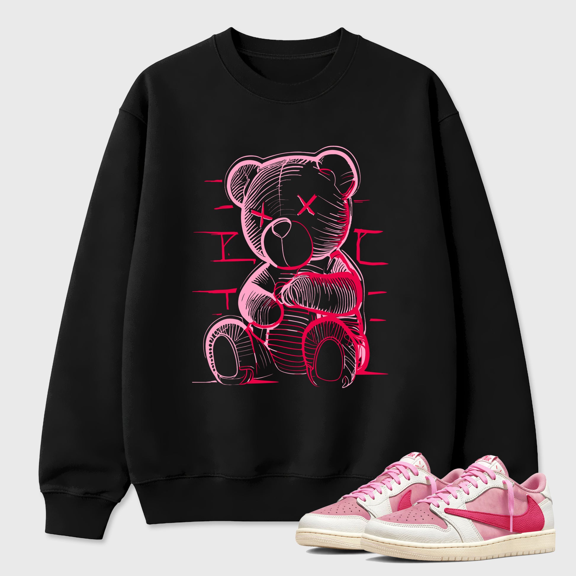 Neon Bear Graphic T-Shirt sneaker match tee designed for the Jordan 1 Low x Travis Scott Tropical Pink, featuring coordinated color options for a perfect streetwear match. Black 1 shirt.