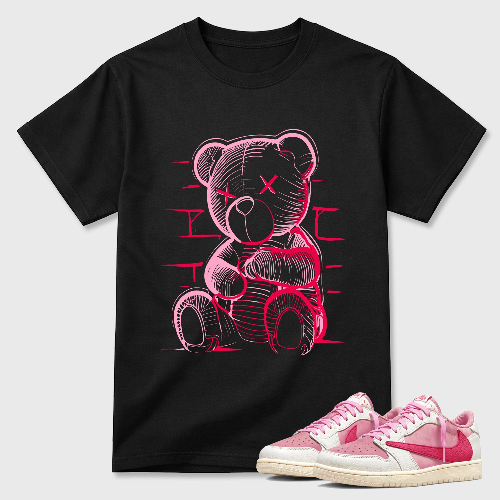 Neon Bear Graphic T-Shirt sneaker match tee designed for the Jordan 1 Low x Travis Scott Tropical Pink, featuring coordinated color options for a perfect streetwear match. Black 1 shirt.