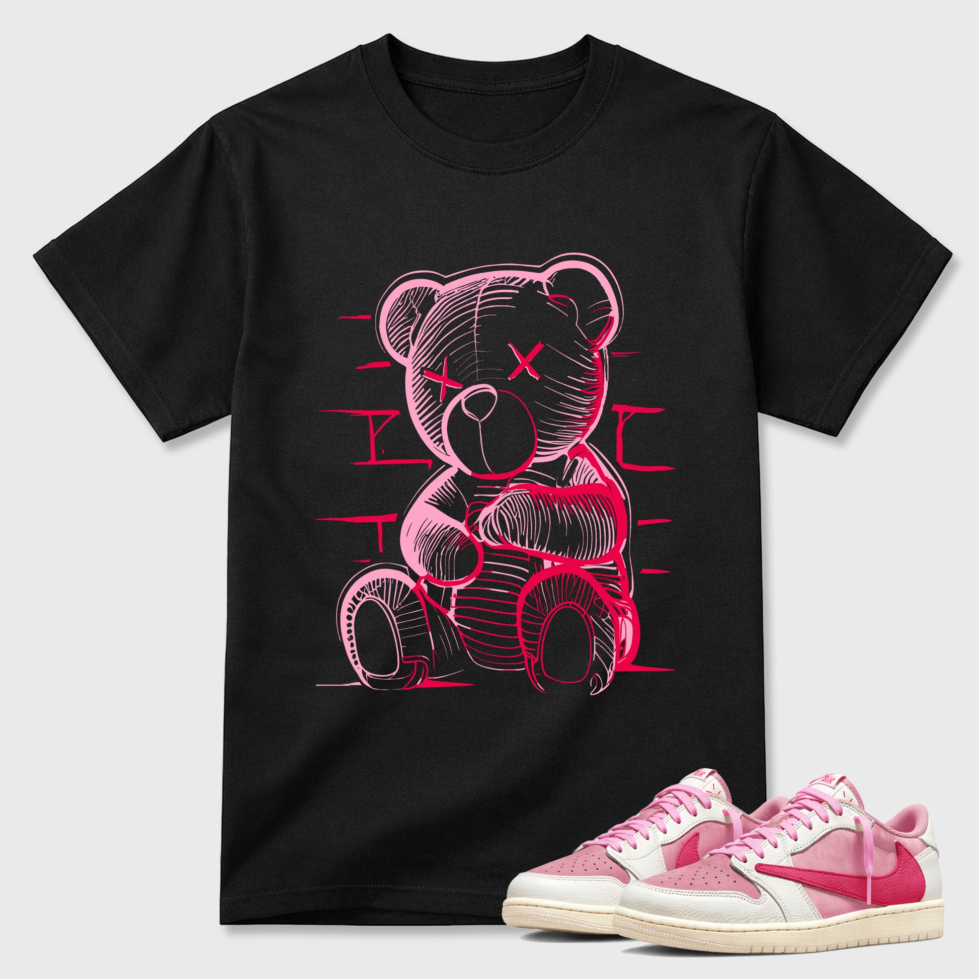 Neon Bear Graphic T-Shirt sneaker match tee designed for the Jordan 1 Low x Travis Scott Tropical Pink, featuring coordinated color options for a perfect streetwear match. Black 1 shirt.