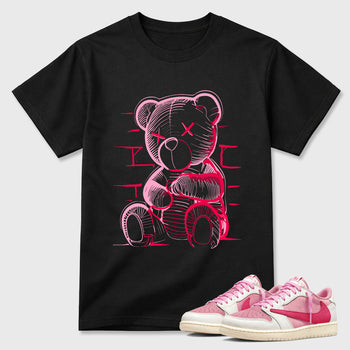 Neon Bear Graphic T-Shirt sneaker match tee designed for the Jordan 1 Low x Travis Scott Tropical Pink, featuring coordinated color options for a perfect streetwear match. Black 1 shirt.