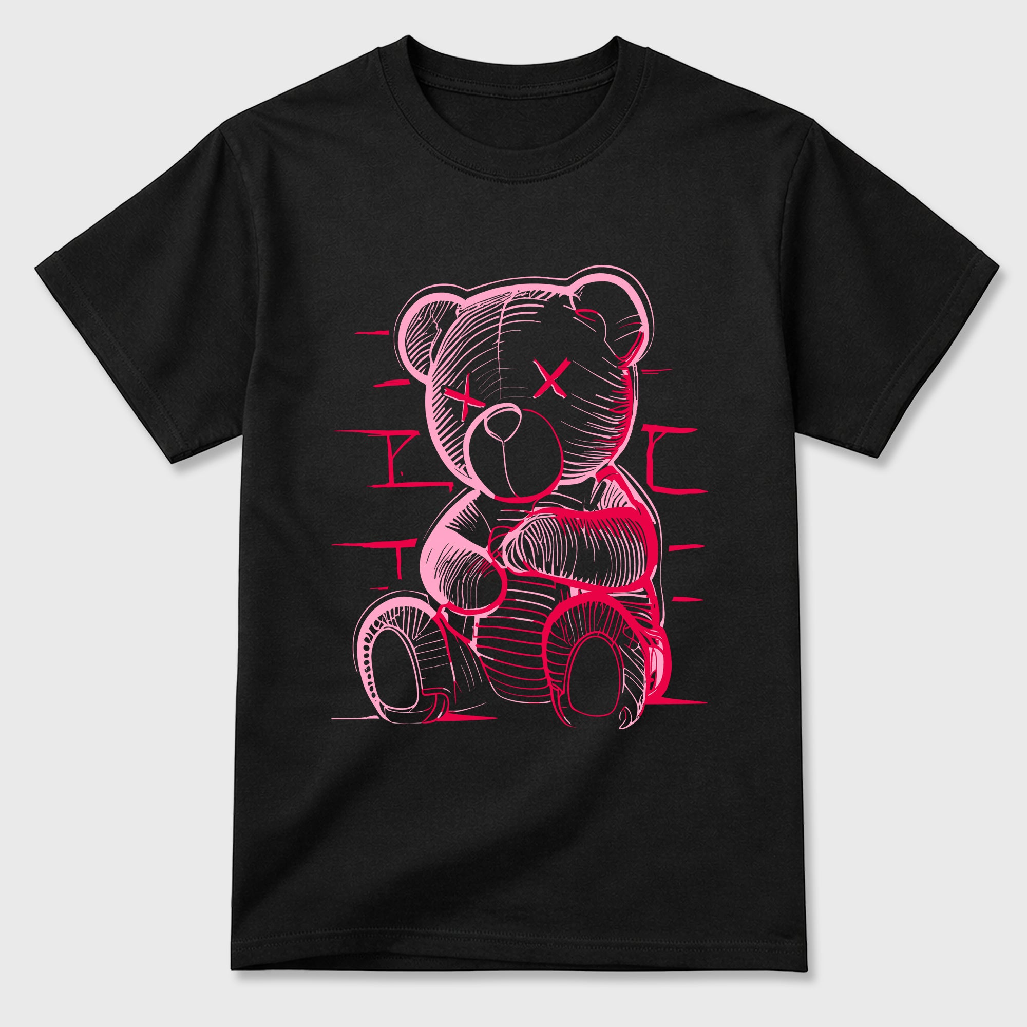 Neon Bear Graphic T-Shirt sneaker match tee designed for the Jordan 1 Low x Travis Scott Tropical Pink, featuring coordinated color options for a perfect streetwear match. Black 2 shirt.