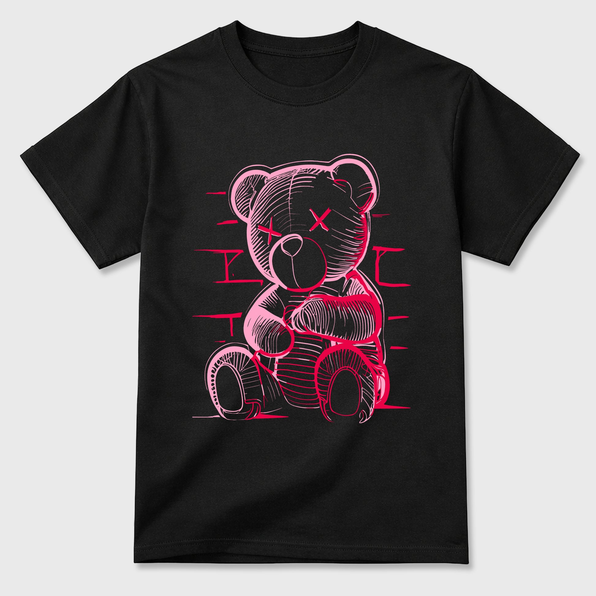 Neon Bear Graphic T-Shirt sneaker match tee designed for the Jordan 1 Low x Travis Scott Tropical Pink, featuring coordinated color options for a perfect streetwear match. Black 2 shirt.
