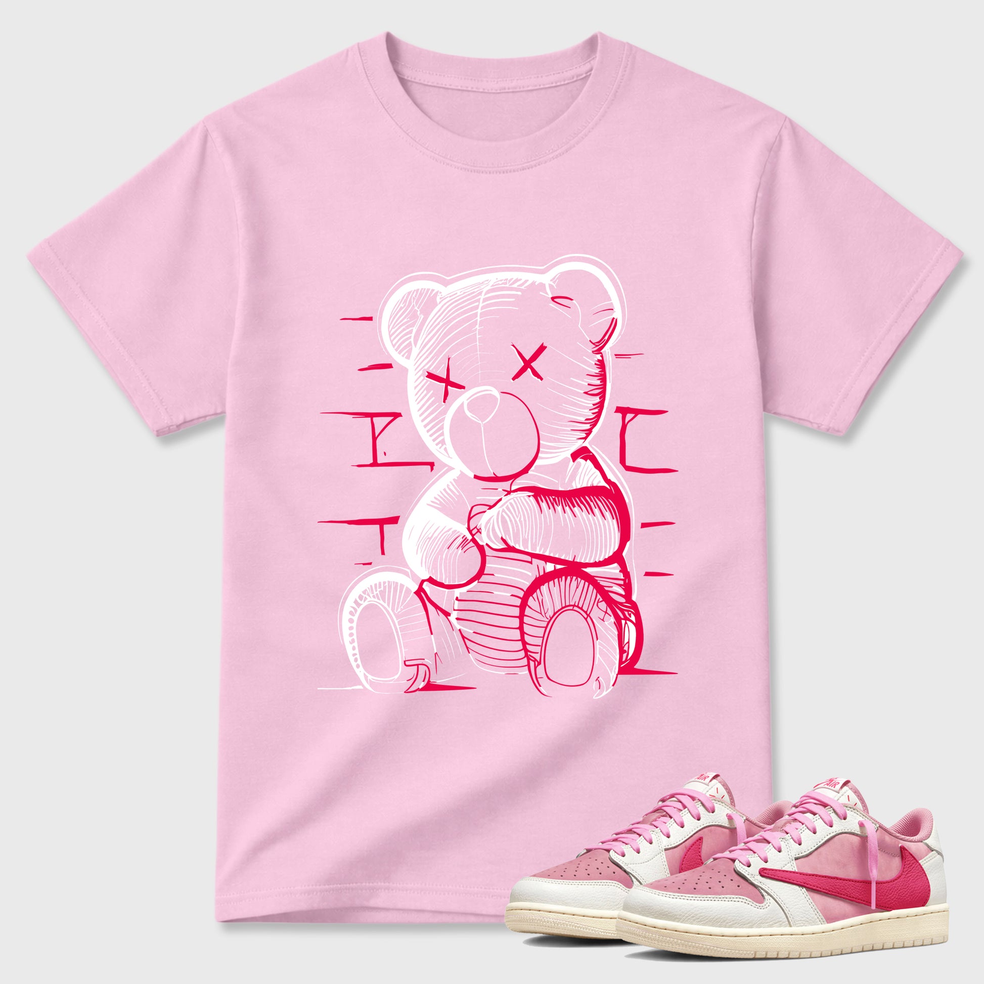 Neon Bear Graphic T-Shirt sneaker match tee designed for the Jordan 1 Low x Travis Scott Tropical Pink, featuring coordinated color options for a perfect streetwear match. Pink 1 shirt.