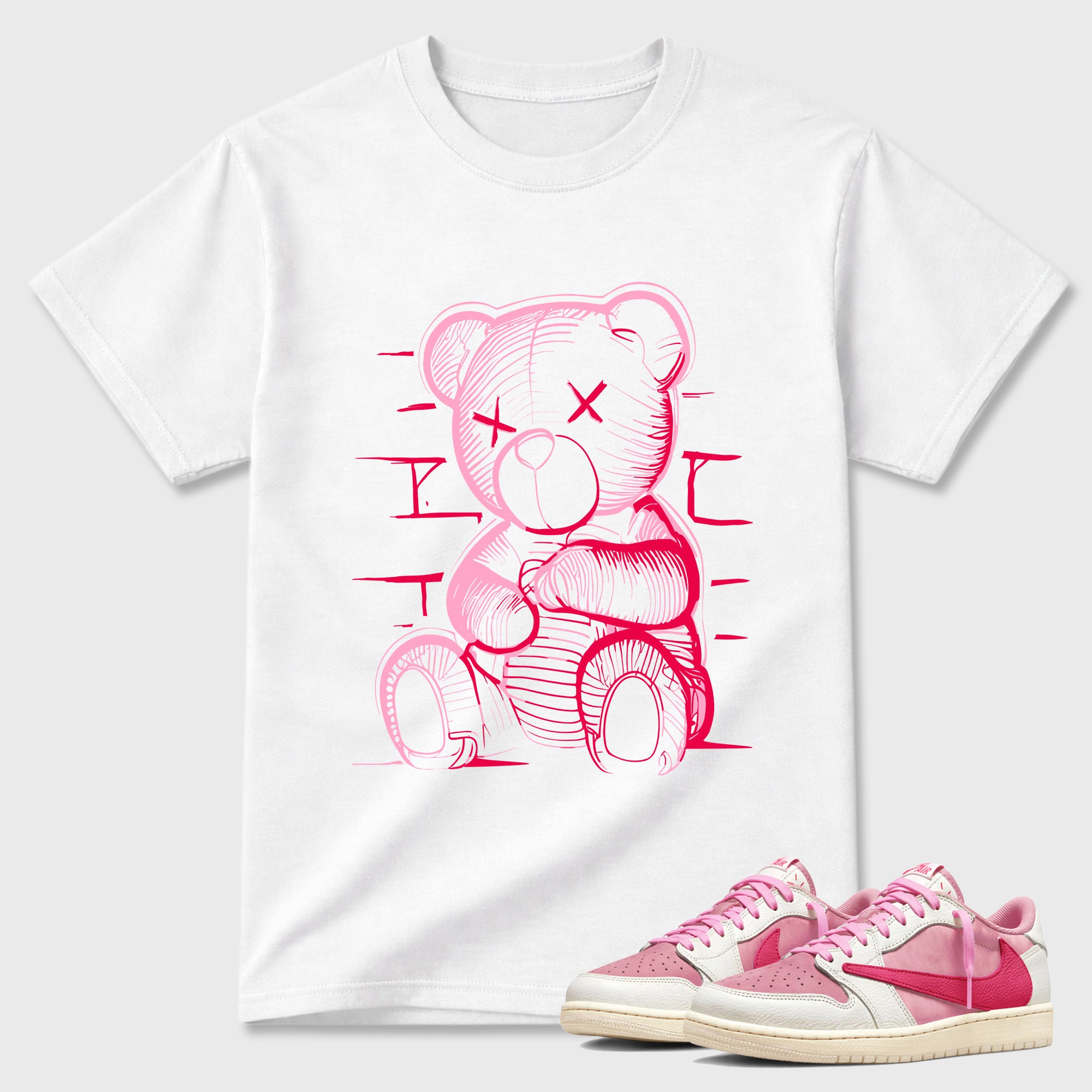 Neon Bear Graphic T-Shirt sneaker match tee designed for the Jordan 1 Low x Travis Scott Tropical Pink, featuring coordinated color options for a perfect streetwear match. White 1 shirt.