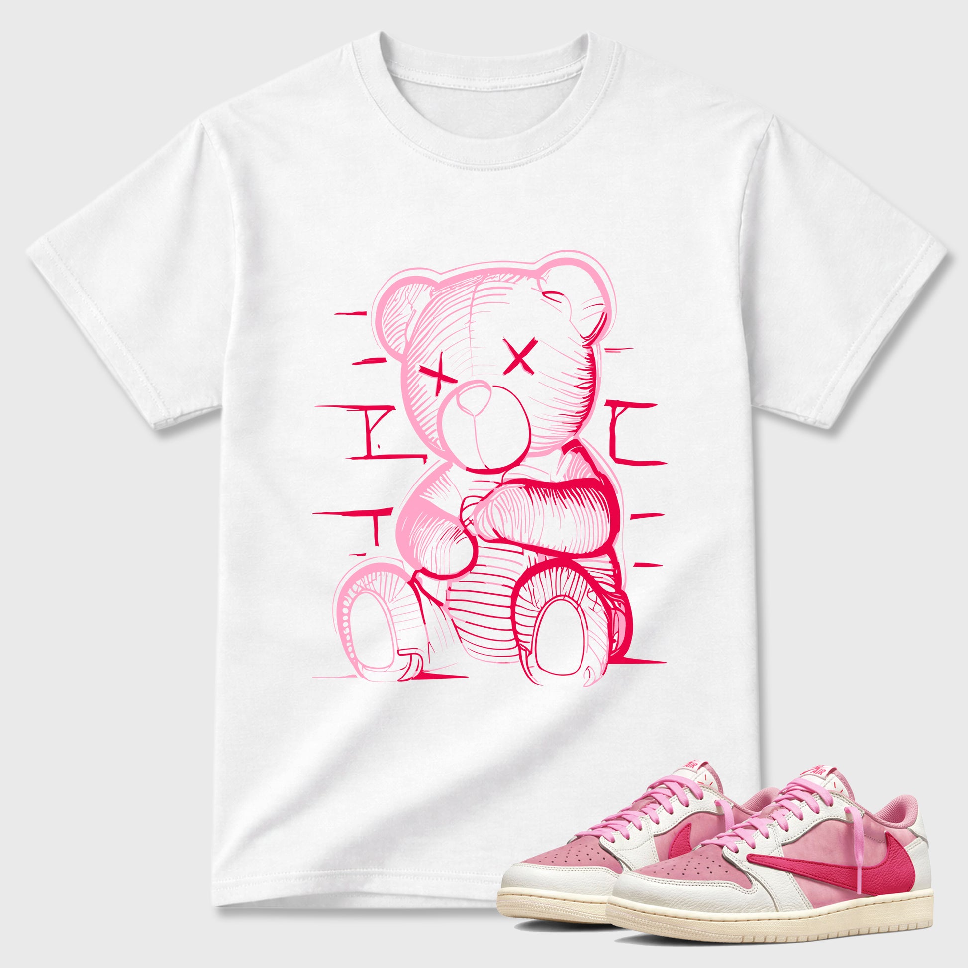 Neon Bear Graphic T-Shirt sneaker match tee designed for the Jordan 1 Low x Travis Scott Tropical Pink, featuring coordinated color options for a perfect streetwear match. White 1 shirt.