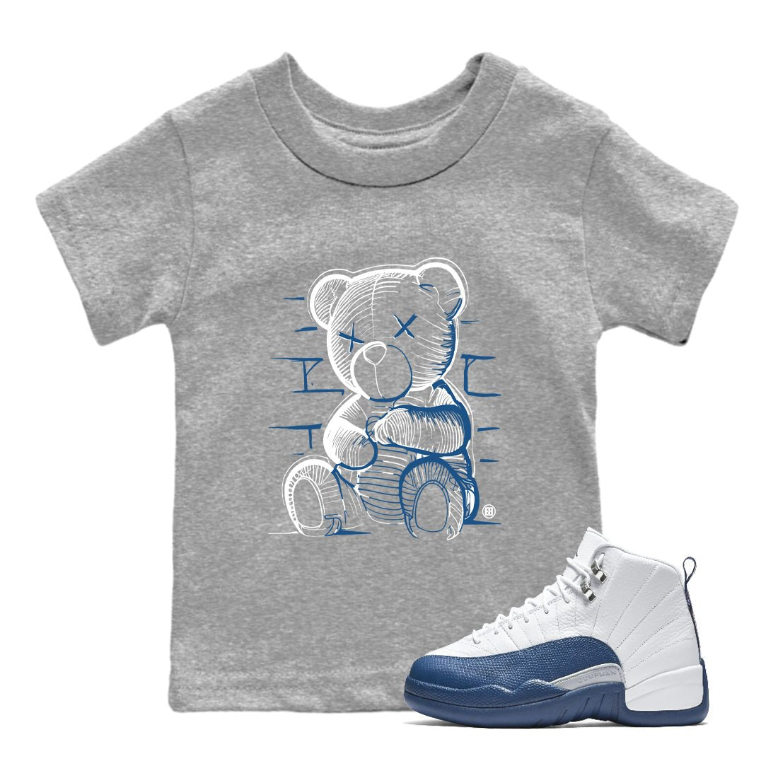 Sneaker match tees – Sneaker Tees To Match Air Jordan 12 French Blue Shoes – Neon Bear Kids T-Shirt Heather Grey 1