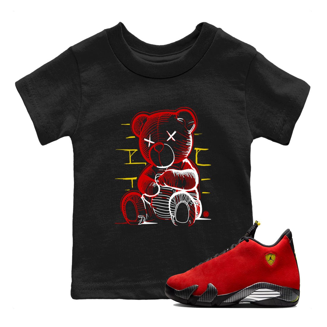 Neon Bear baby and kids t-shirt crafted for little sneakerheads to shine with the Air Jordan 14 Challenge Red sneakers, displayed in Black 1.