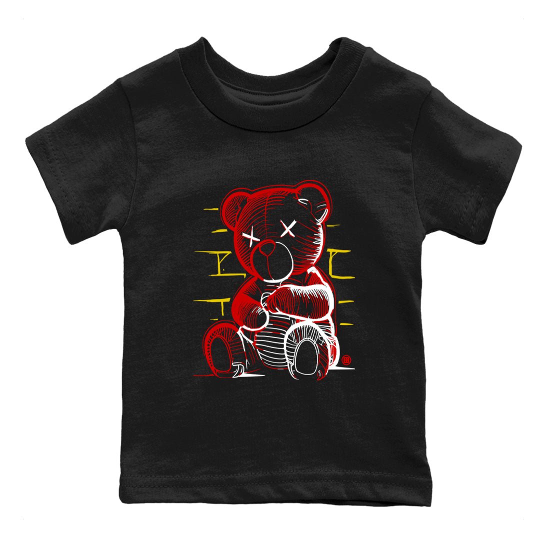 Neon Bear baby and kids t-shirt crafted for little sneakerheads to shine with the Air Jordan 14 Challenge Red sneakers, displayed in Black 2.