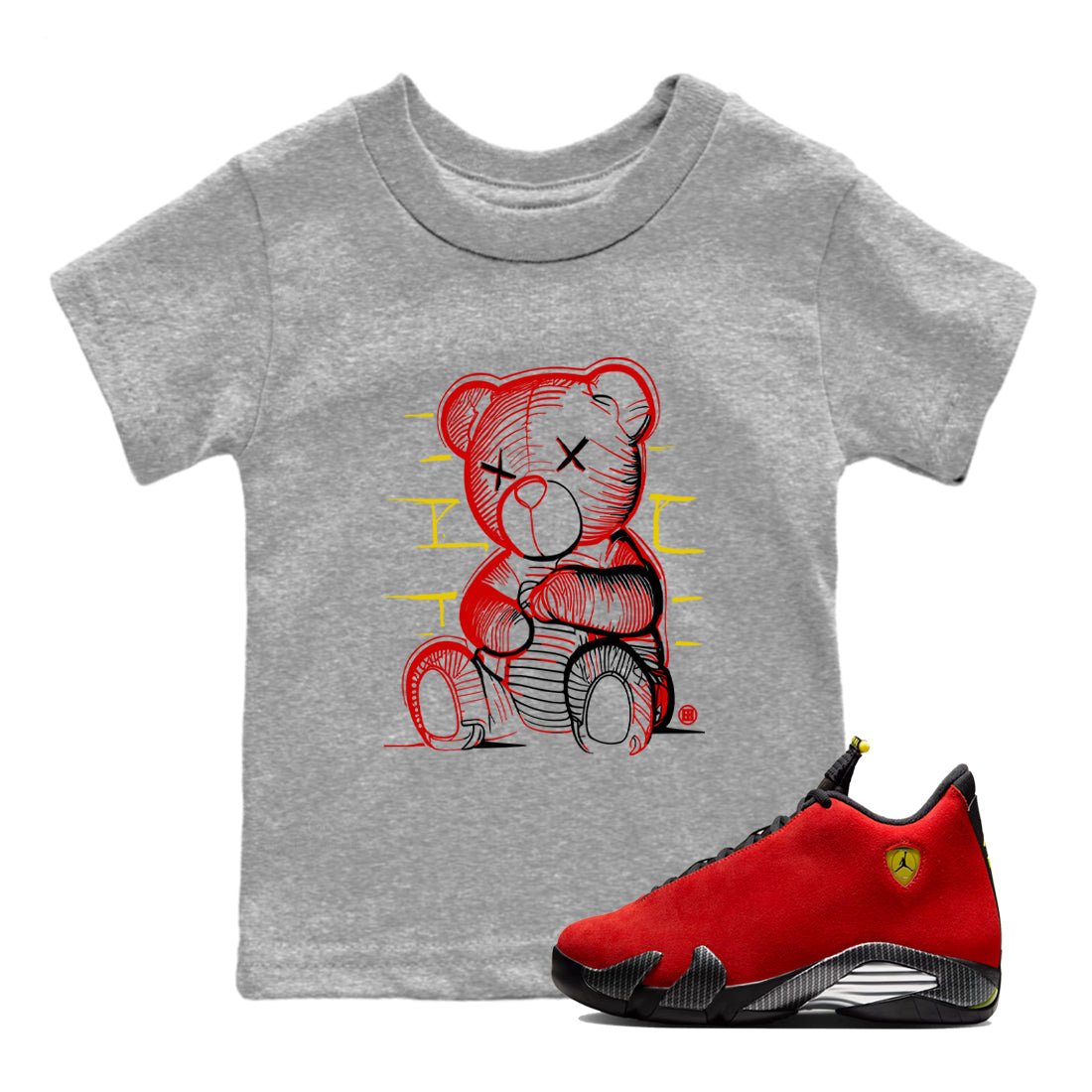 Neon Bear baby and kids t-shirt crafted for little sneakerheads to shine with the Air Jordan 14 Challenge Red sneakers, displayed in Heather Grey 1.