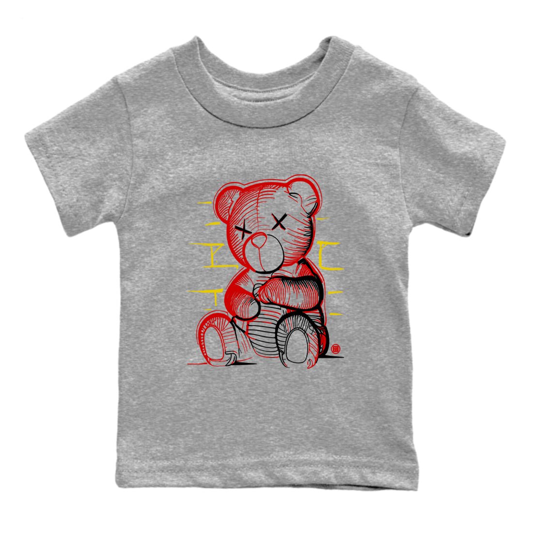 Neon Bear baby and kids t-shirt crafted for little sneakerheads to shine with the Air Jordan 14 Challenge Red sneakers, displayed in Heather Grey 2.