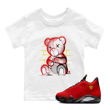 Neon Bear baby and kids t-shirt crafted for little sneakerheads to shine with the Air Jordan 14 Challenge Red sneakers, displayed in White 1.