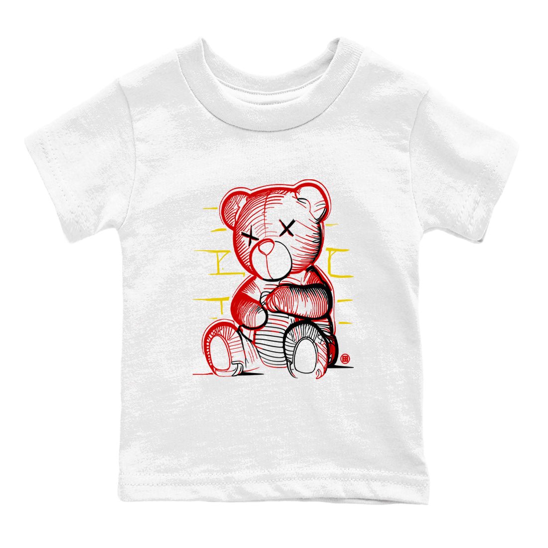 Neon Bear baby and kids t-shirt crafted for little sneakerheads to shine with the Air Jordan 14 Challenge Red sneakers, displayed in White 2.