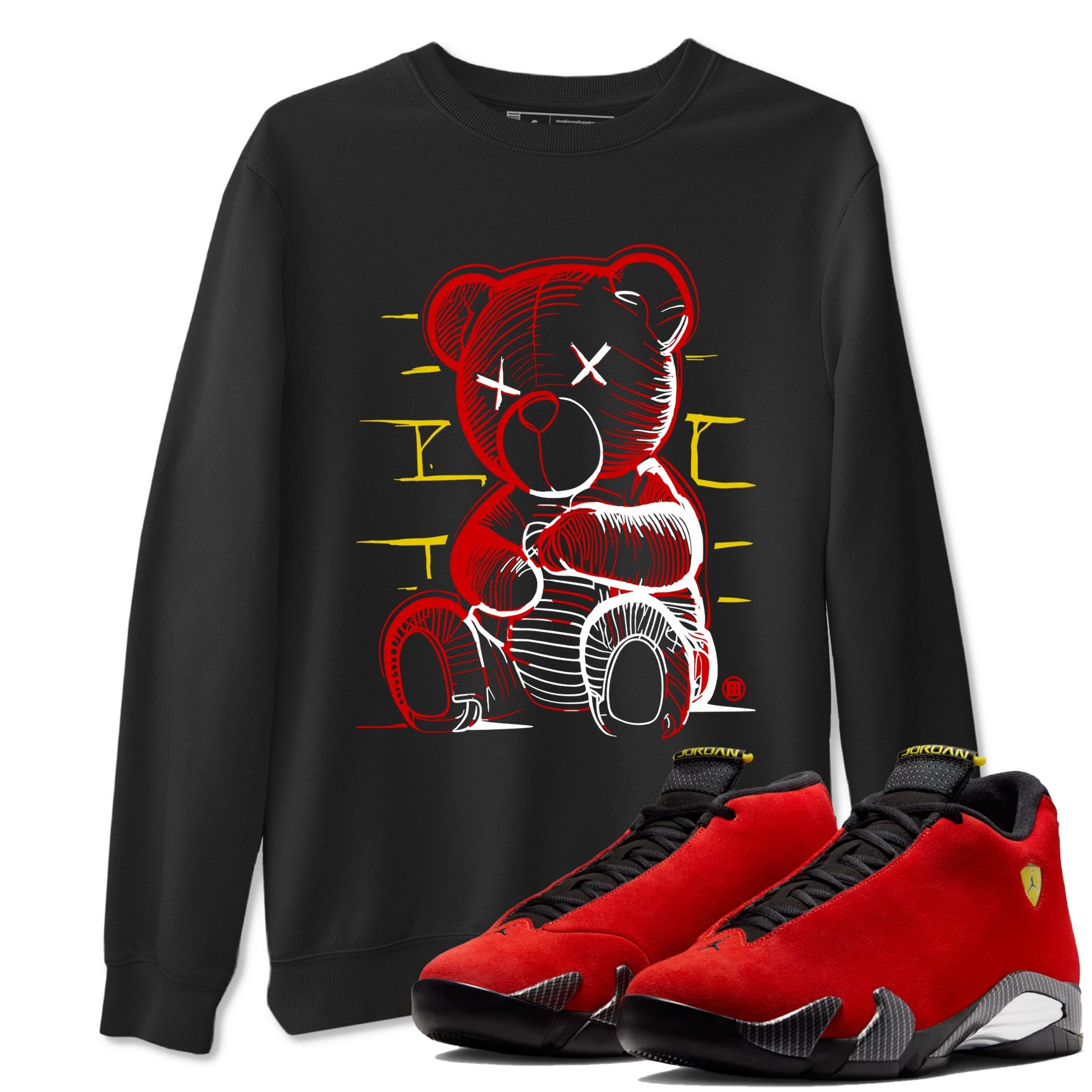 Neon Bear sneaker match t-shirt styled to complete your fit with the Air Jordan 14 Challenge Red sneakers, graphic shirts in Black 1.