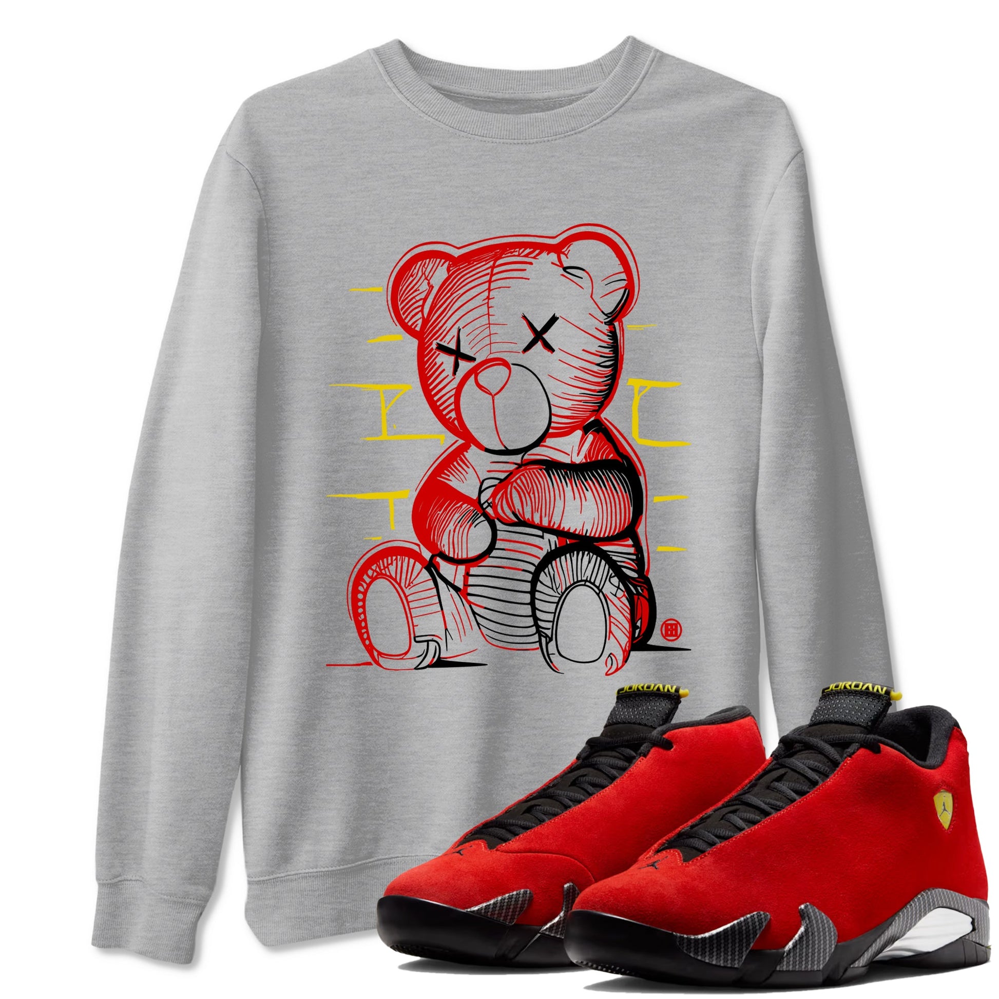 Neon Bear sneaker match t-shirt styled to complete your fit with the Air Jordan 14 Challenge Red sneakers, graphic shirts in Heather Grey 1.