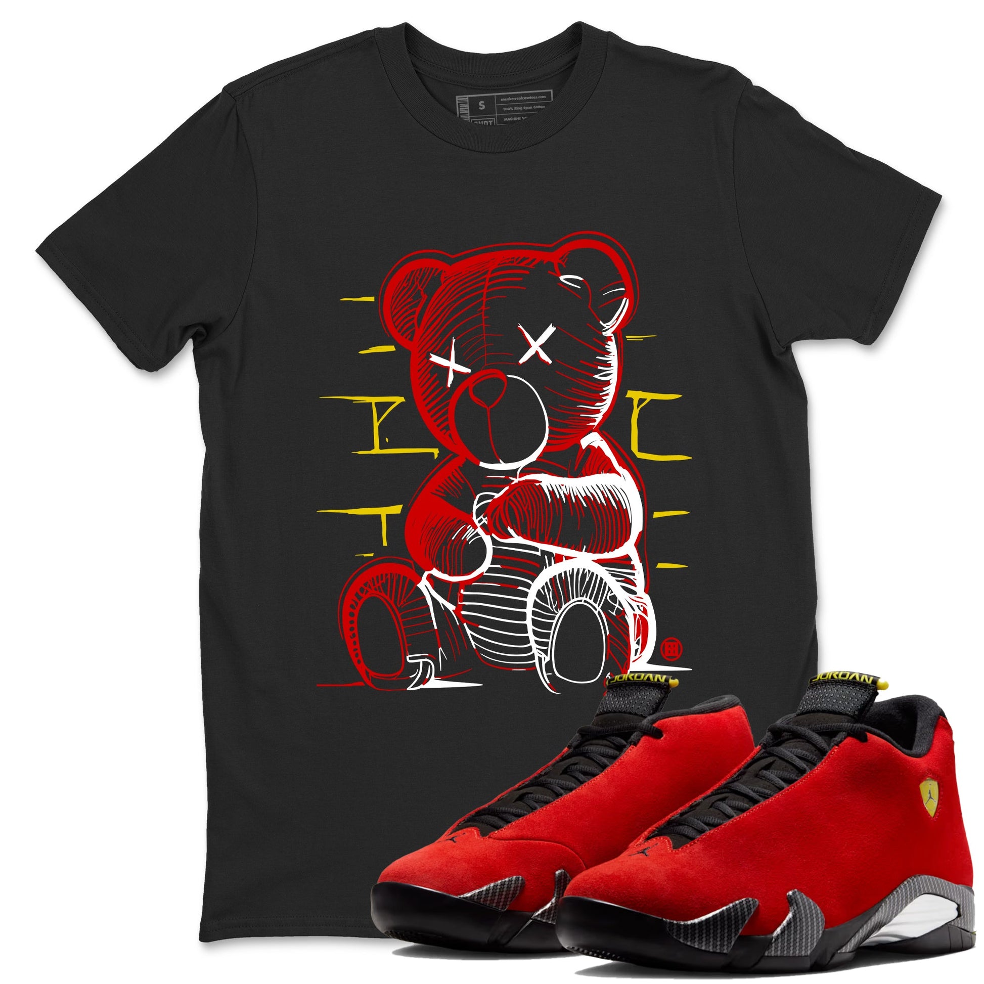 Neon Bear sneaker match t-shirt styled to complete your fit with the Air Jordan 14 Challenge Red sneakers, graphic shirts in Black 1.