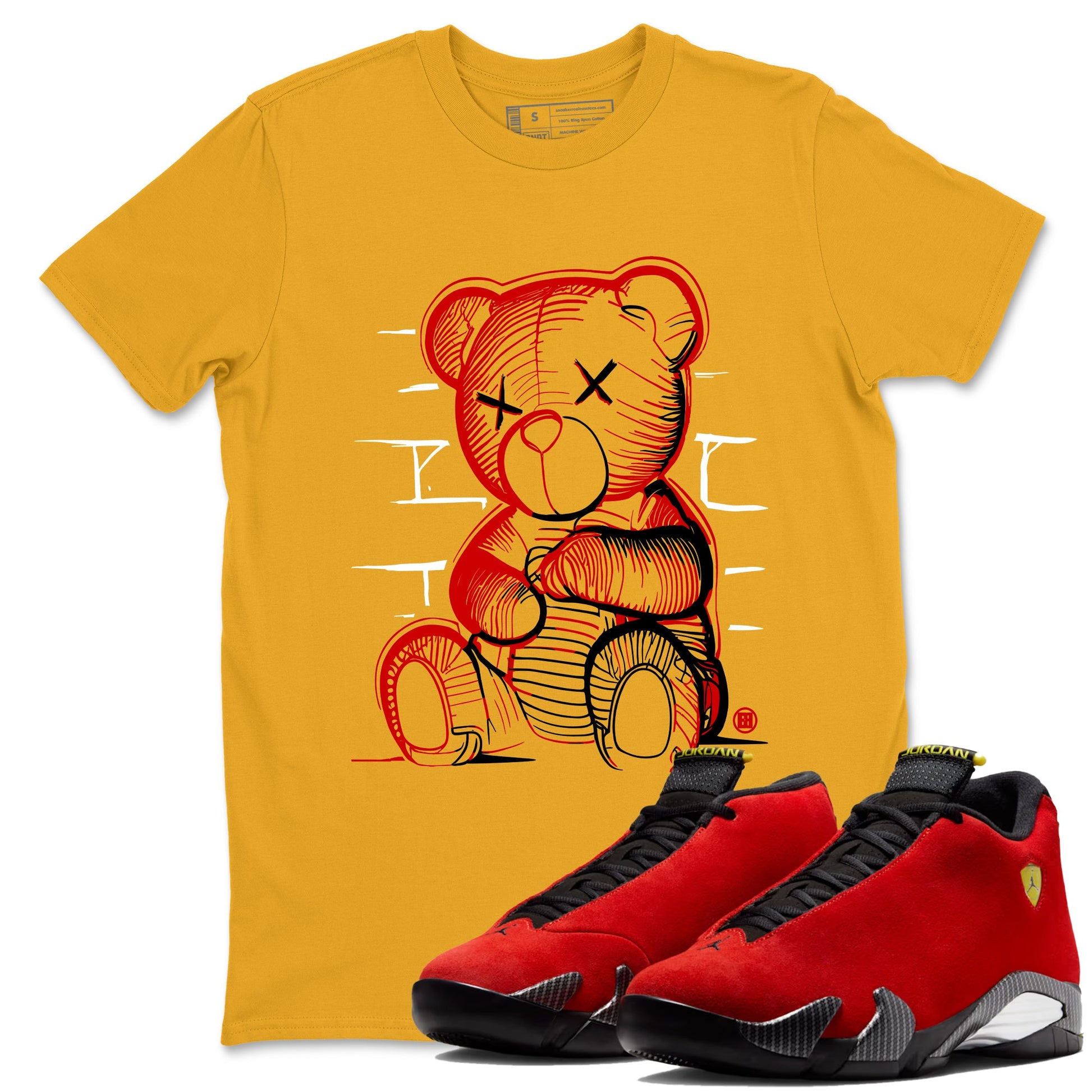 Neon Bear sneaker match t-shirt styled to complete your fit with the Air Jordan 14 Challenge Red sneakers, graphic shirts in Gold 1.