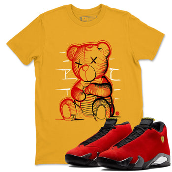 Neon Bear sneaker match t-shirt styled to complete your fit with the Air Jordan 14 Challenge Red sneakers, graphic shirts in Gold 1.