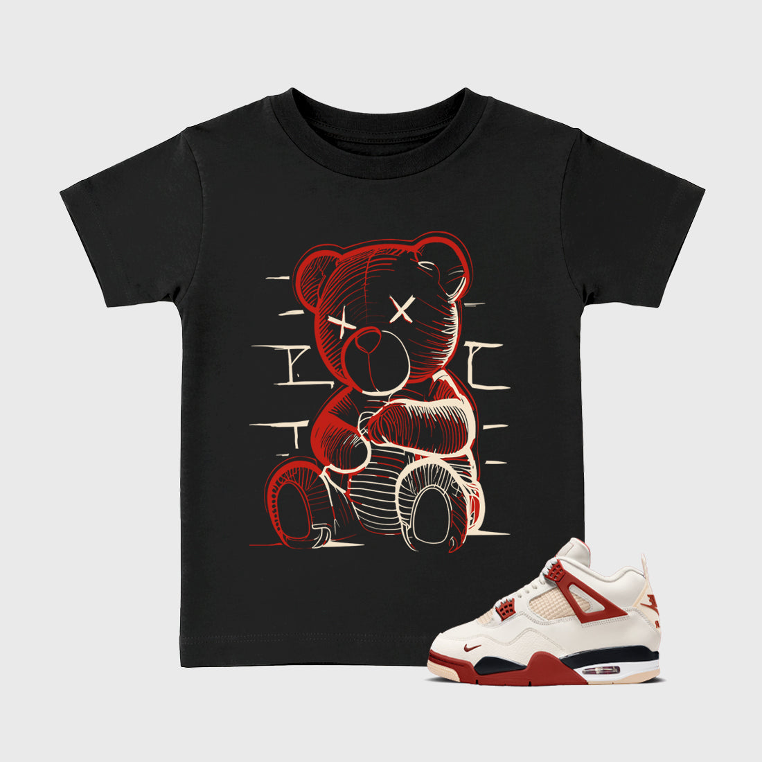 Neon Bear affordable baby and kids t-shirt designed to match the Air Jordan 4 Brick After Brick, featuring coordinated Black 1 options for the perfect little sneakerhead streetwear look.