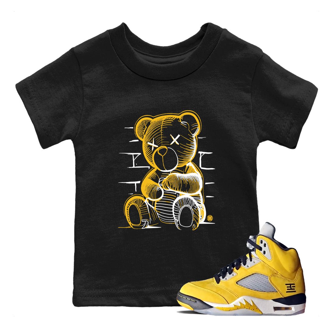 Neon Bear baby and kids t-shirt crafted for little sneakerheads to shine with the 5s Tokyo sneakers, displayed in Black 1.