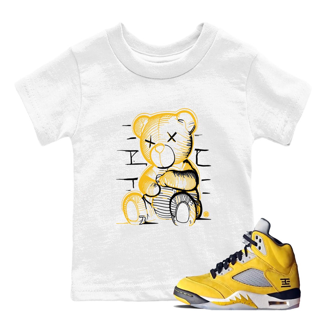 Neon Bear baby and kids t-shirt crafted for little sneakerheads to shine with the 5s Tokyo sneakers, displayed in White 1.