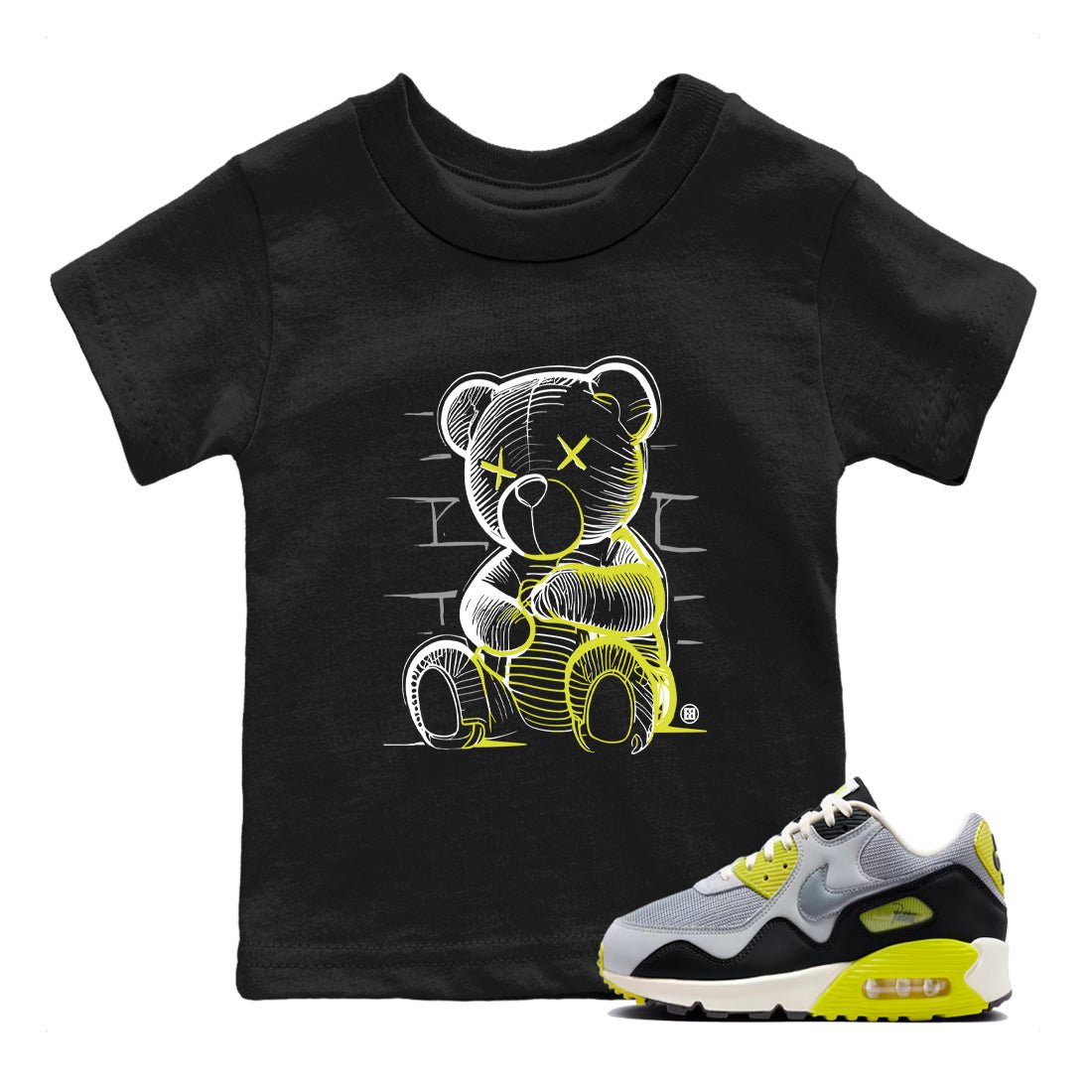 Neon Bear baby and kids t-shirt crafted for little sneakerheads to shine with the Air Max 90 Cyber sneakers, displayed in Black 1.