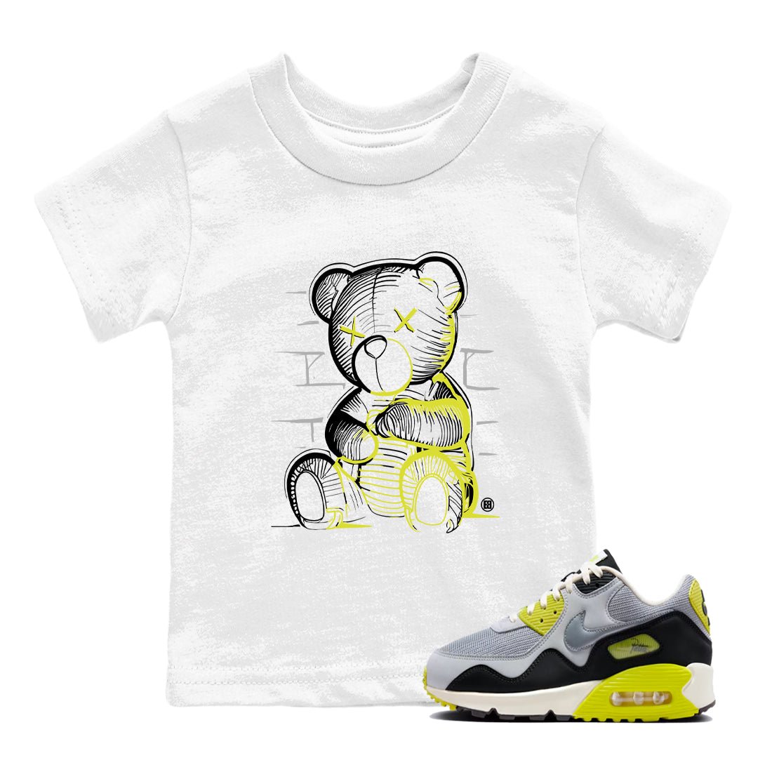 Neon Bear baby and kids t-shirt crafted for little sneakerheads to shine with the Air Max 90 Cyber sneakers, displayed in White 1.