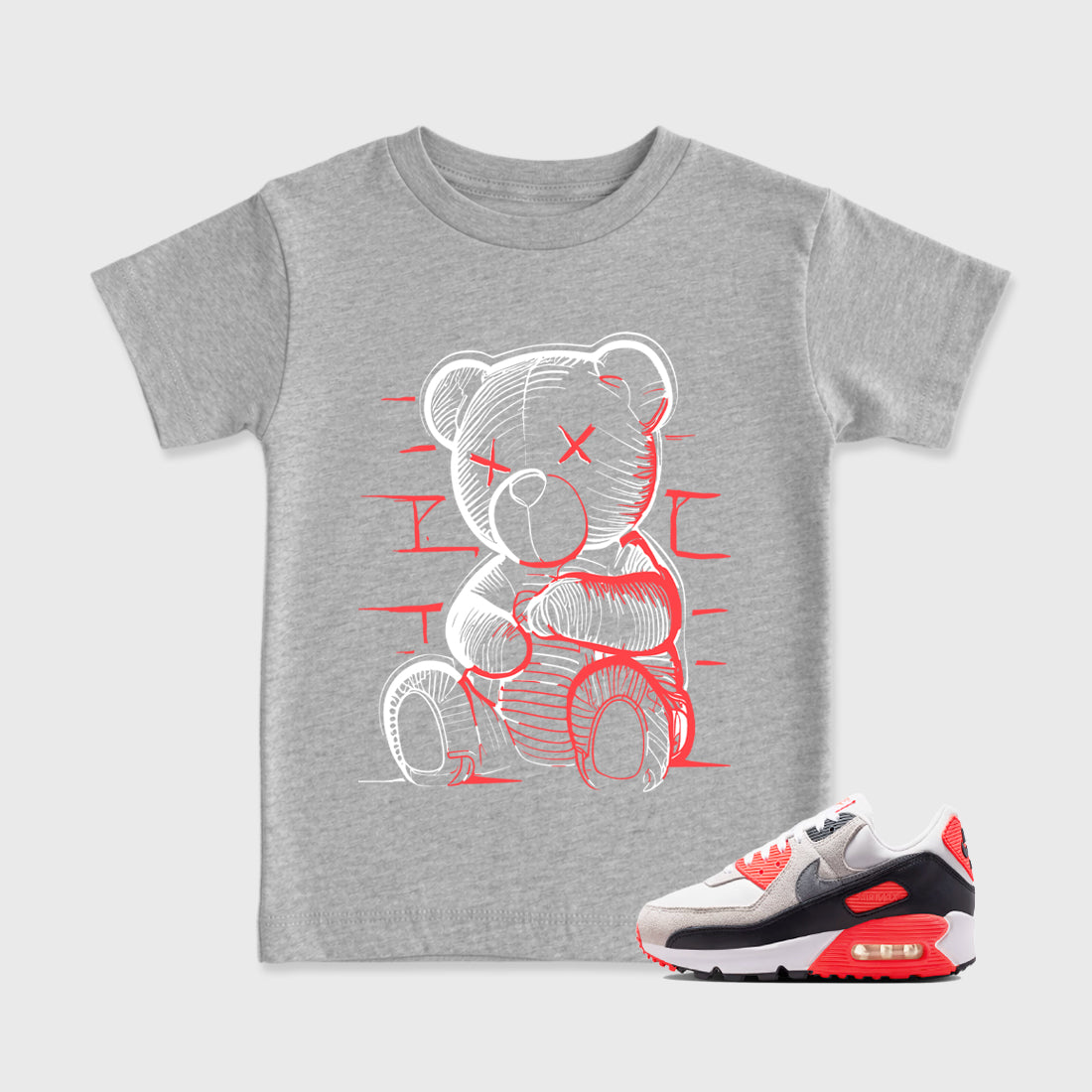Sneaker match tees – Sneaker Tees To Match Air Max 90 Infrared Shoes – Neon Bear Kids T-Shirt Heather Grey 1