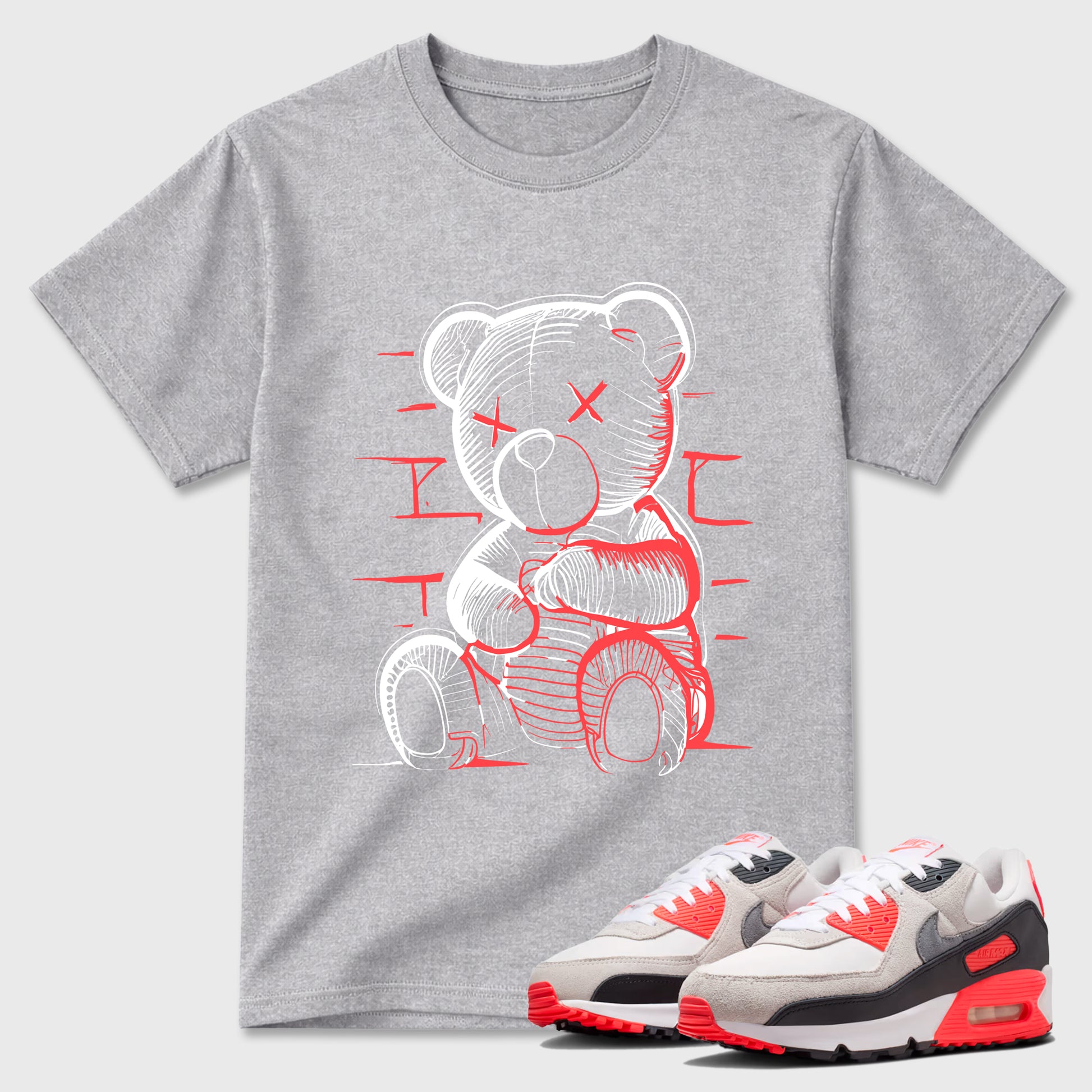 Sneaker match tees – Sneaker Tees To Match Air Max 90 Infrared Shoes – Neon Bear Tee Heather Grey 1