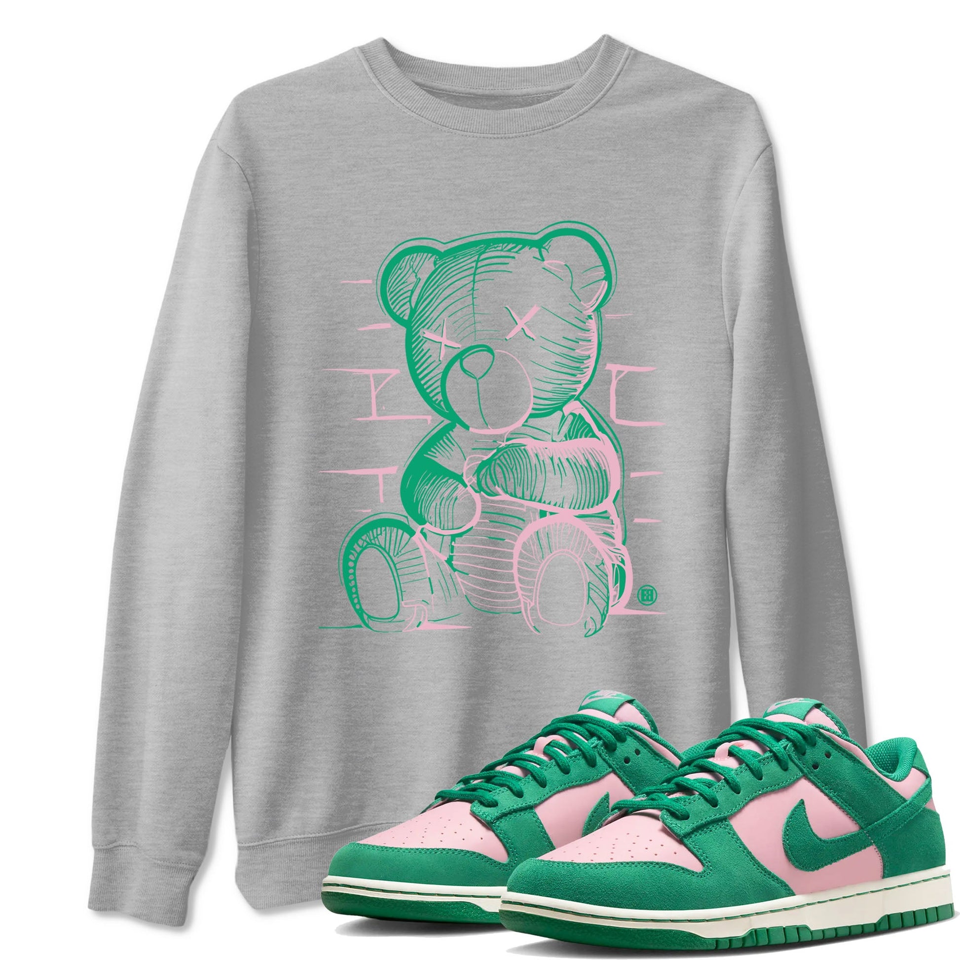 Dunk Low Medium Soft Pink Malachite shirt to match jordans Neon Bear sneaker tees Dunks Medium Soft Pink Malachite Streetwear Brand SNRT Sneaker Release Tees unisex cotton Heather Grey 1 crew neck shirt