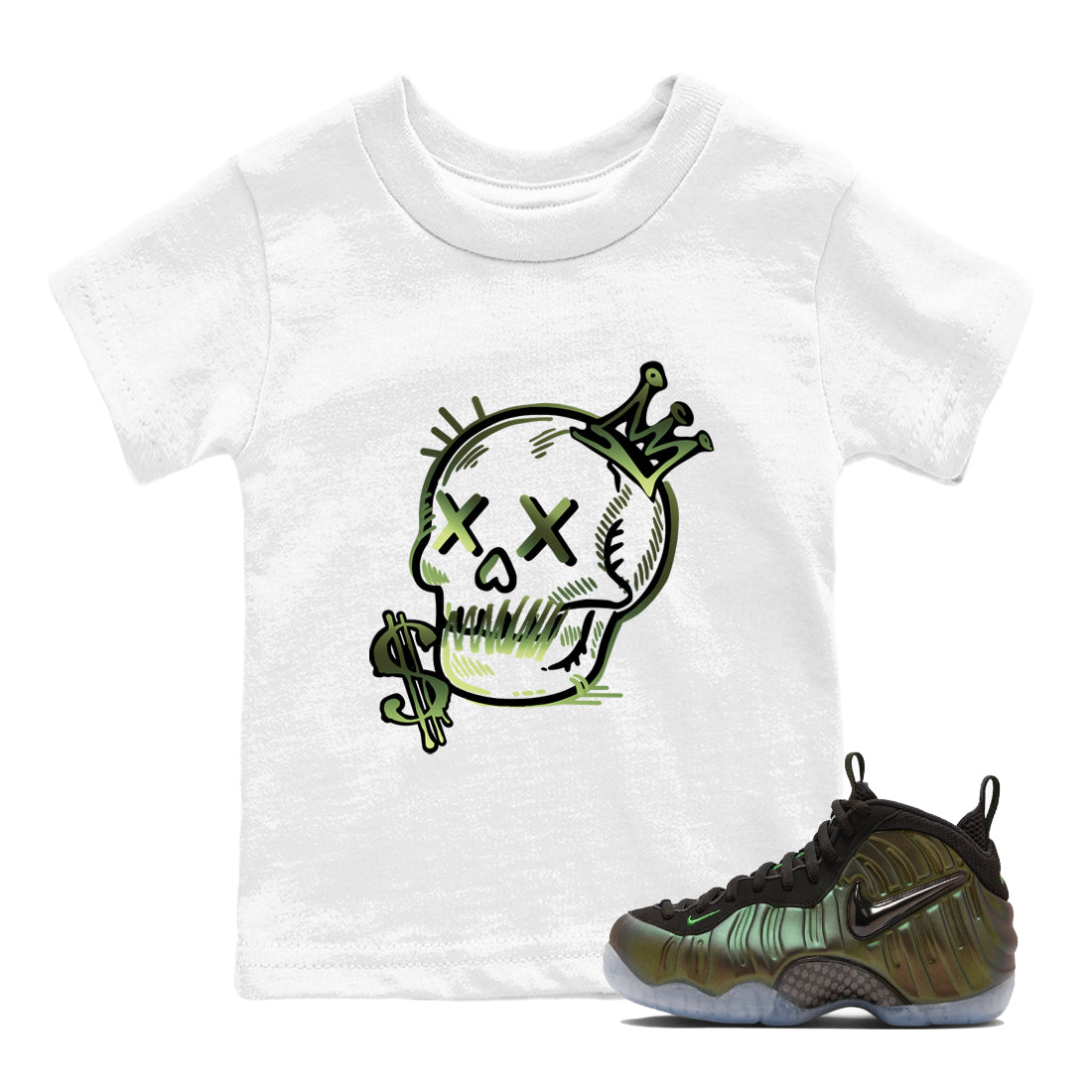 Sneaker match tees – Sneaker Tees To Match Air Foamposite One Pine Green Shoes – Neon Skull Kids T-Shirt White 1
