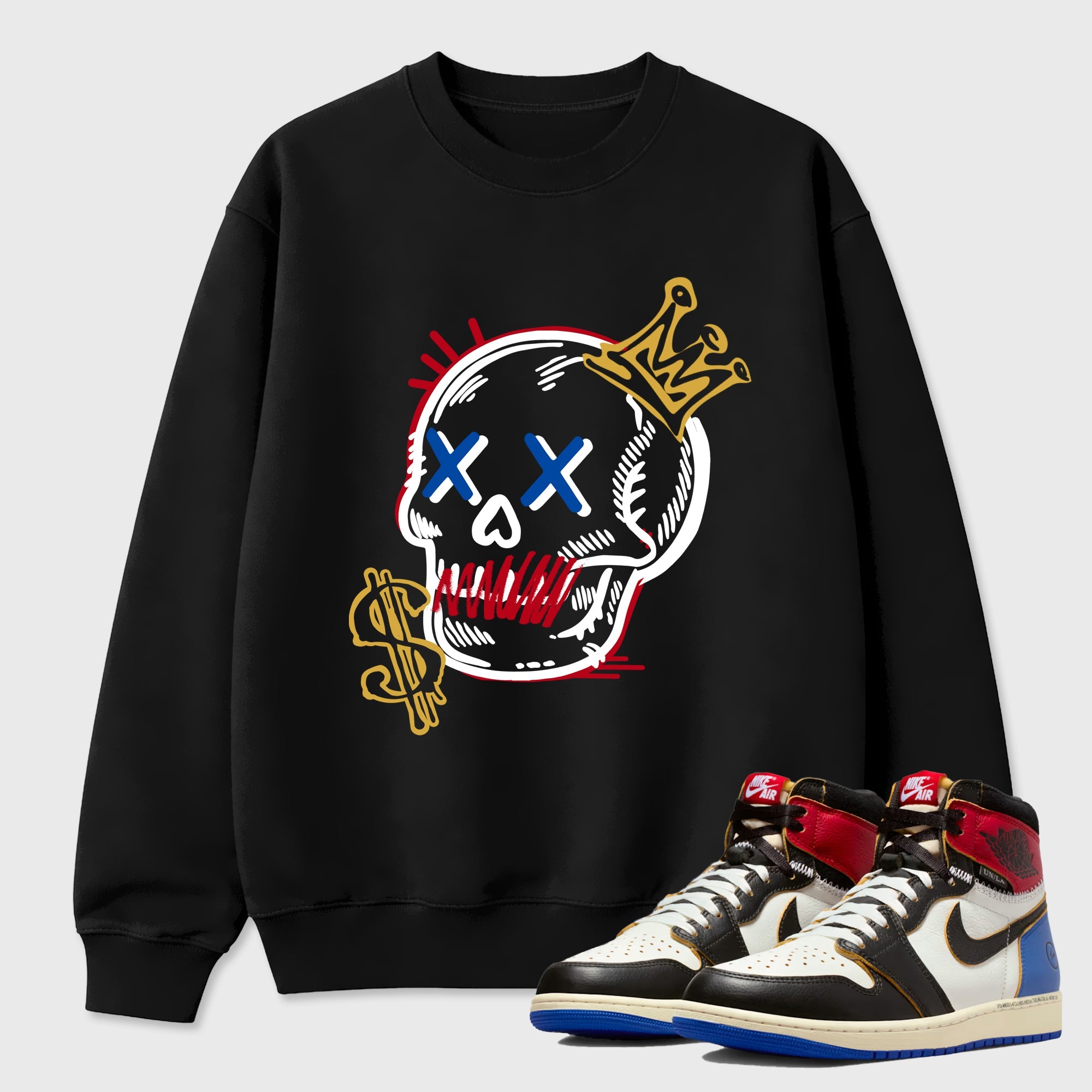 Sneakerfit for Sneakerheads – Sneaker Tees To Match Air Jordan 1 Union x Fragment Sneakers – Neon Skull Tee Black 1