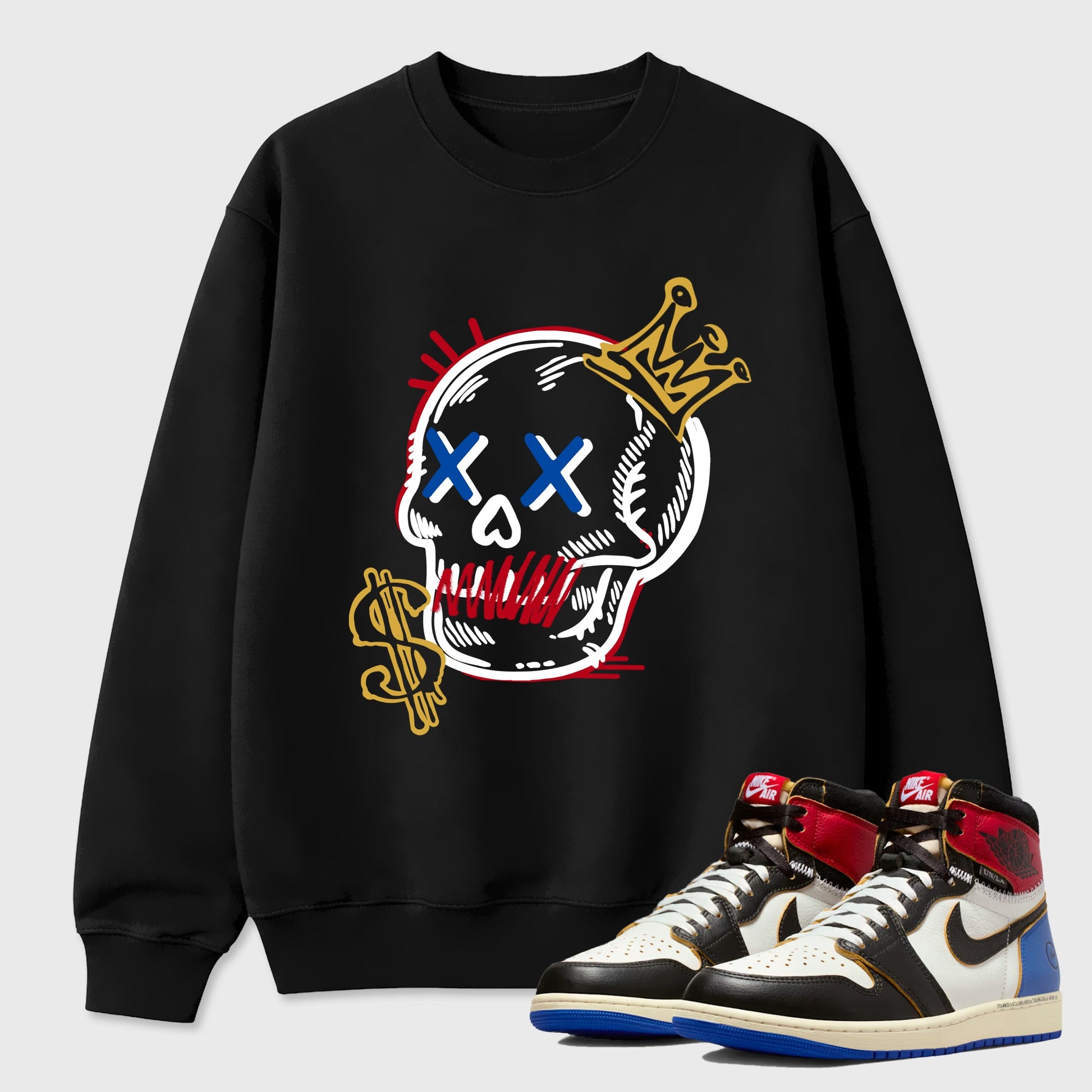 Sneakerfit for Sneakerheads – Sneaker Tees To Match Air Jordan 1 Union x Fragment Sneakers – Neon Skull Tee Black 1
