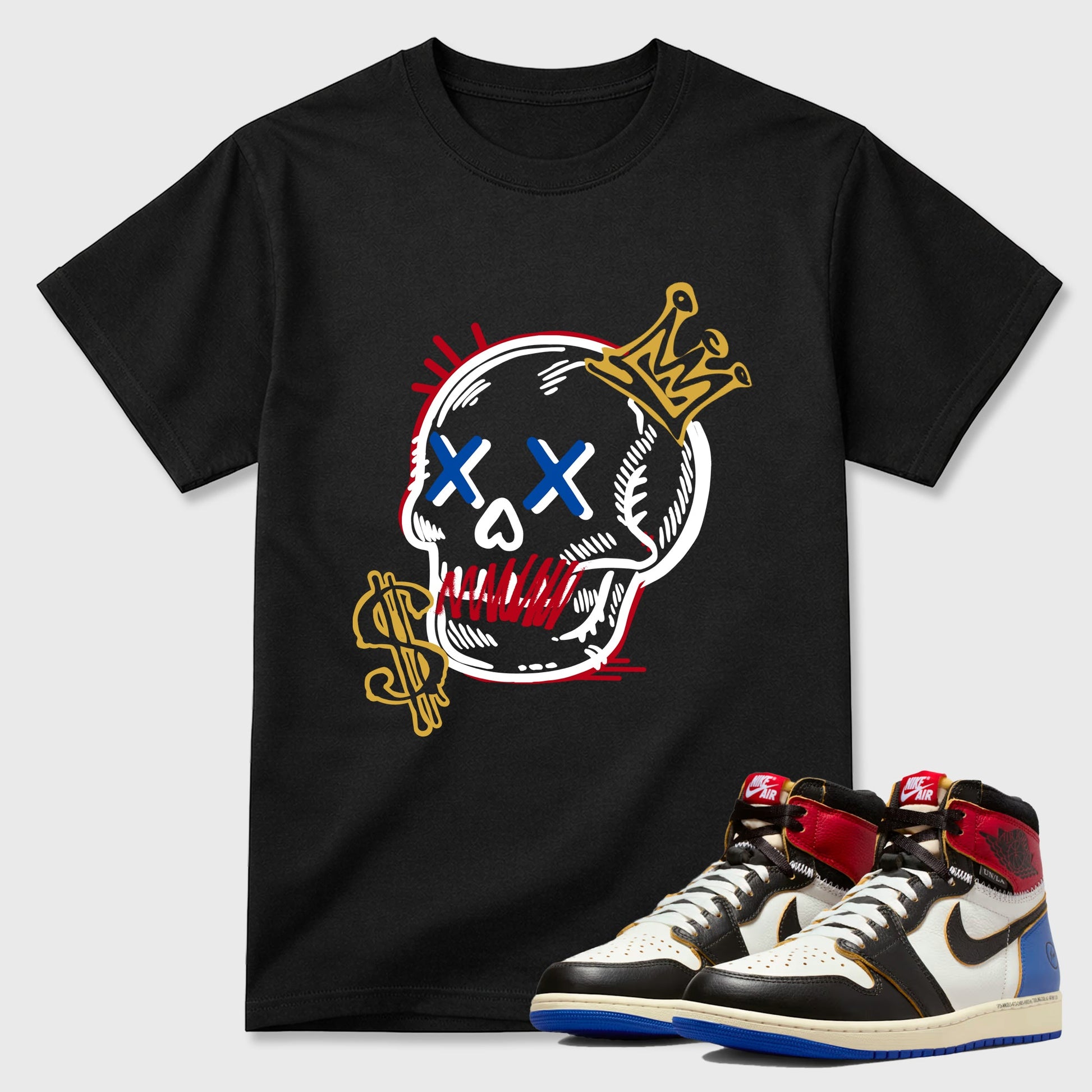 Sneakerfit for Sneakerheads – Sneaker Tees To Match Air Jordan 1 Union x Fragment Sneakers – Neon Skull Tee Black 1