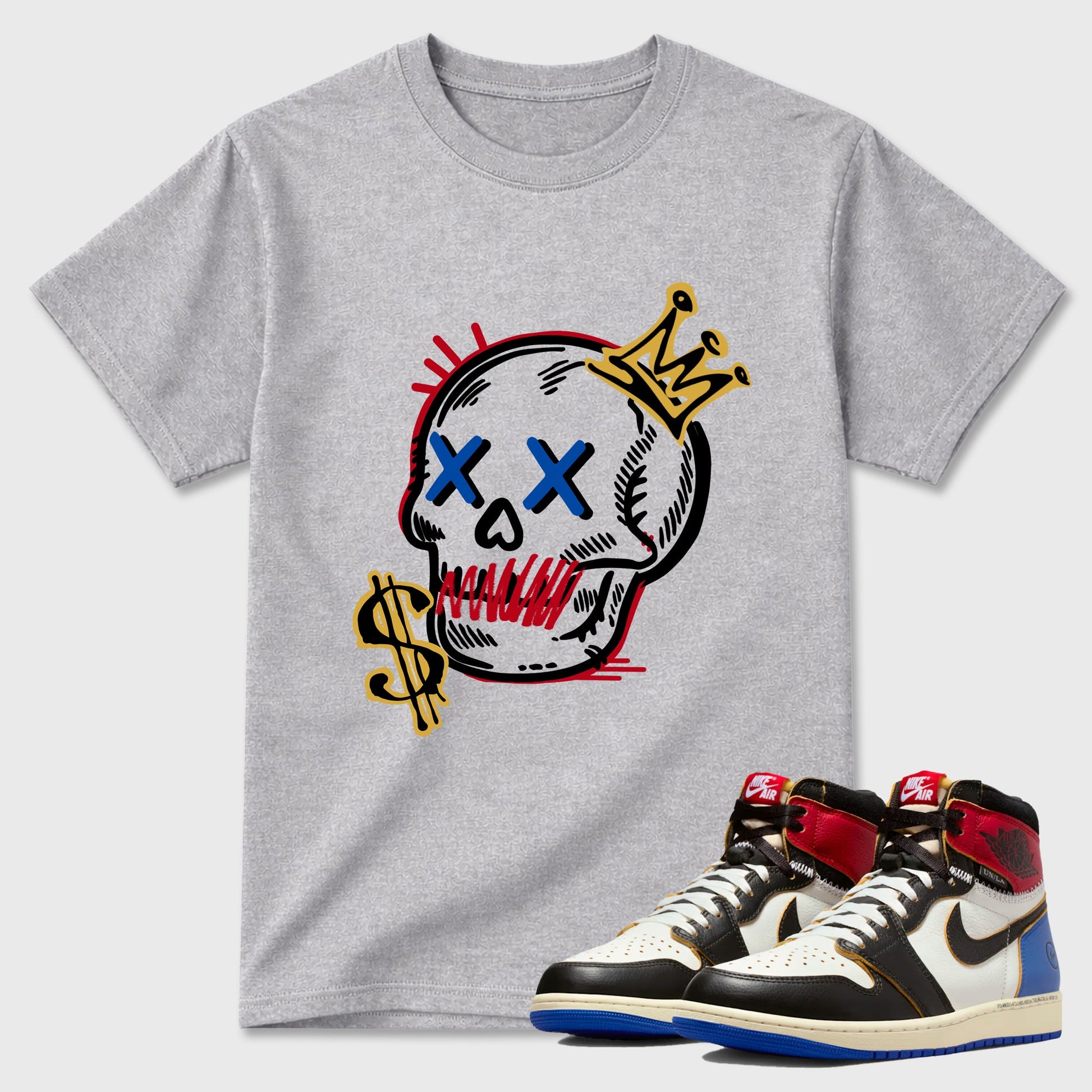Sneakerfit for Sneakerheads – Sneaker Tees To Match Air Jordan 1 Union x Fragment Sneakers – Neon Skull Tee Heather Grey 1