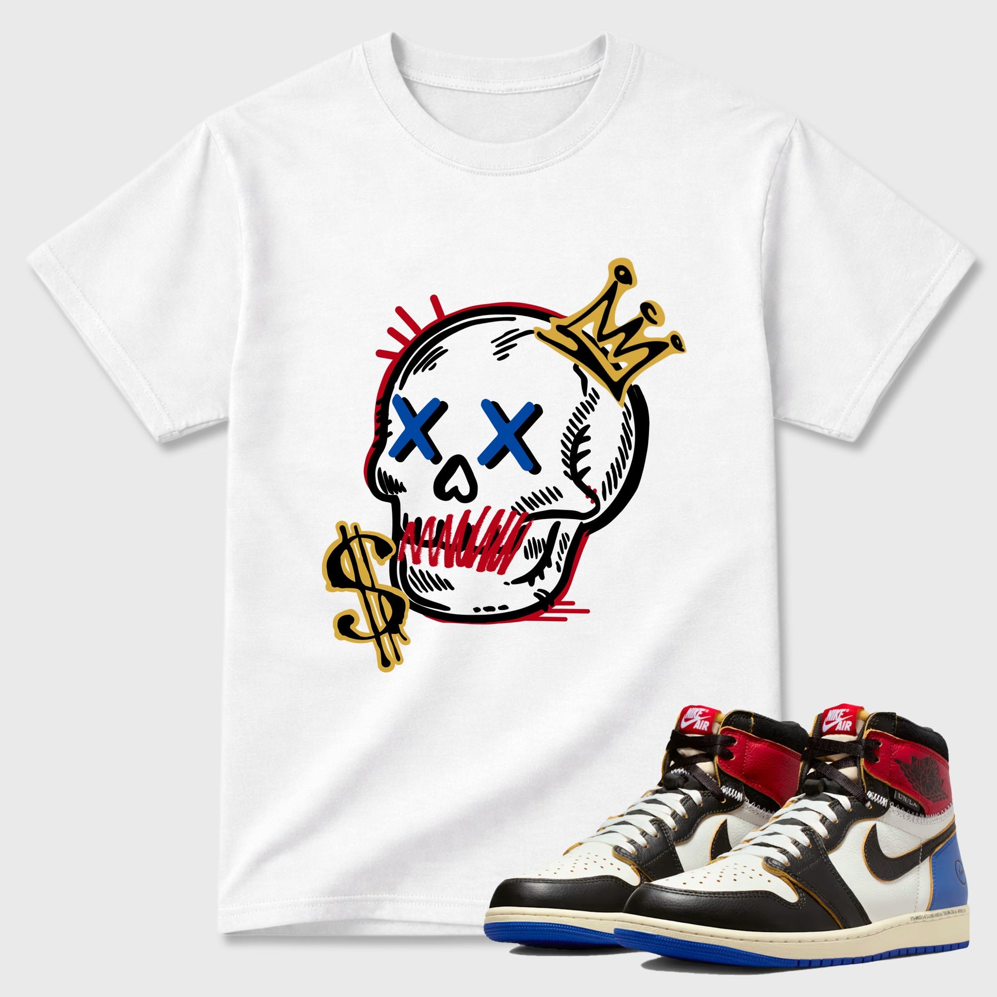 Sneakerfit for Sneakerheads – Sneaker Tees To Match Air Jordan 1 Union x Fragment Sneakers – Neon Skull Tee White 1
