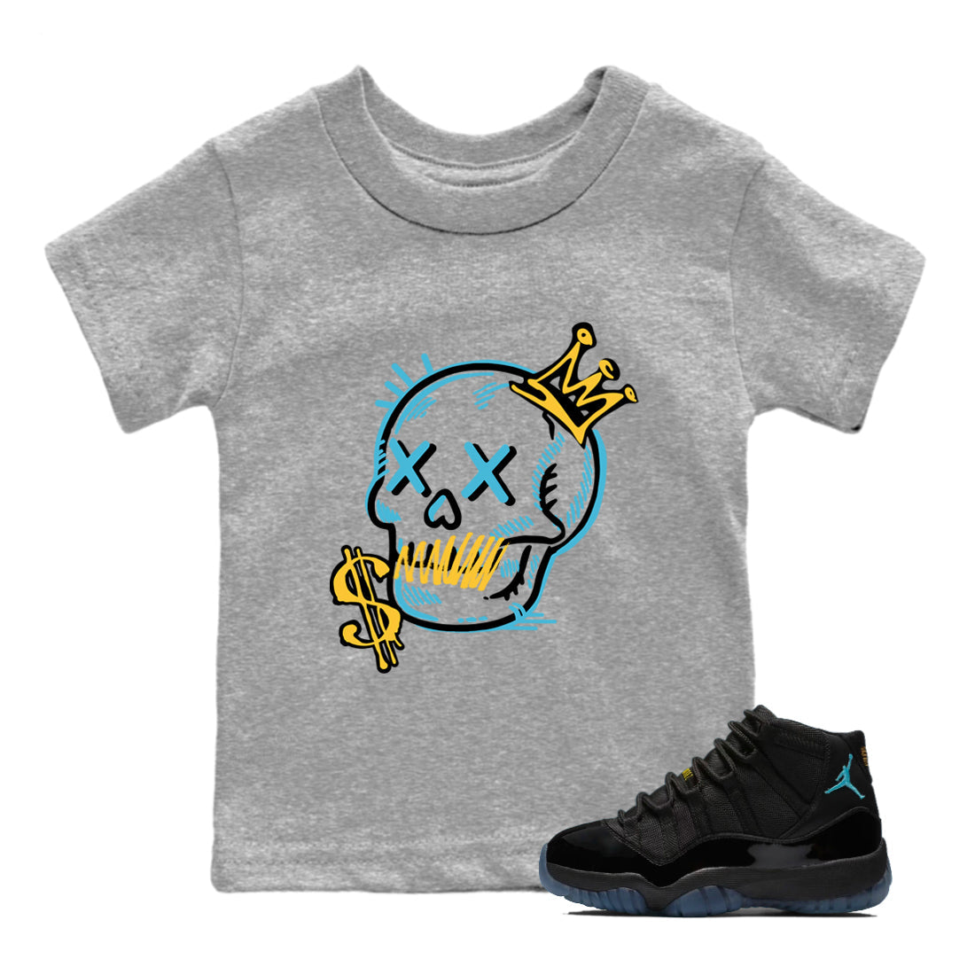 Sneaker match tees – Sneaker Tees To Match Air Jordan 11 Gamma Shoes – Neon Skull Kids T-Shirt Heather Grey 1